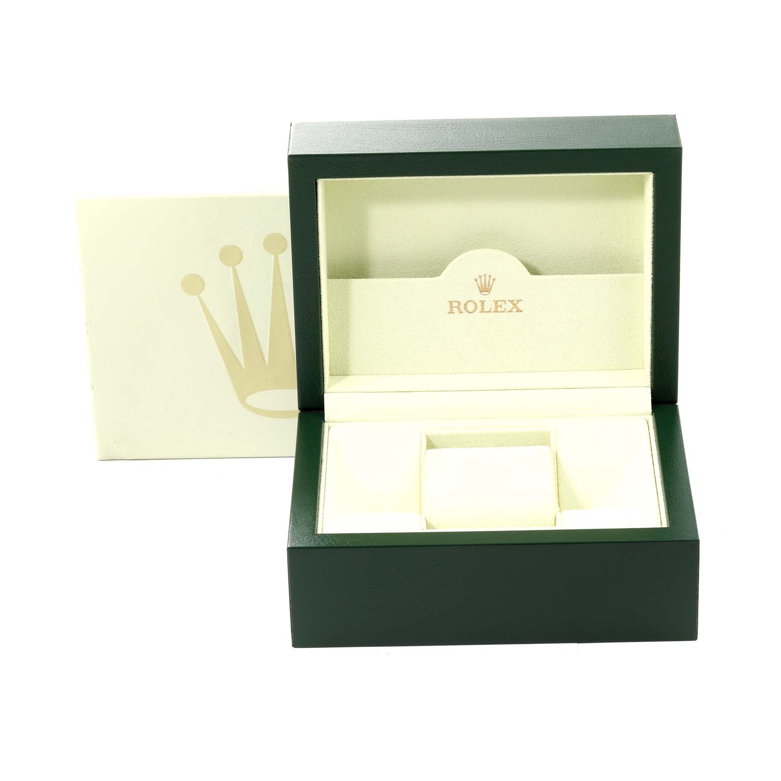 This image shows an open Rolex Datejust 179173 Women's Steel and Gold (two tone) Champagne Dial 179173 Women's Steel and Gold (two tone) Champagne Dial watch box with its cushion and inner compartment.