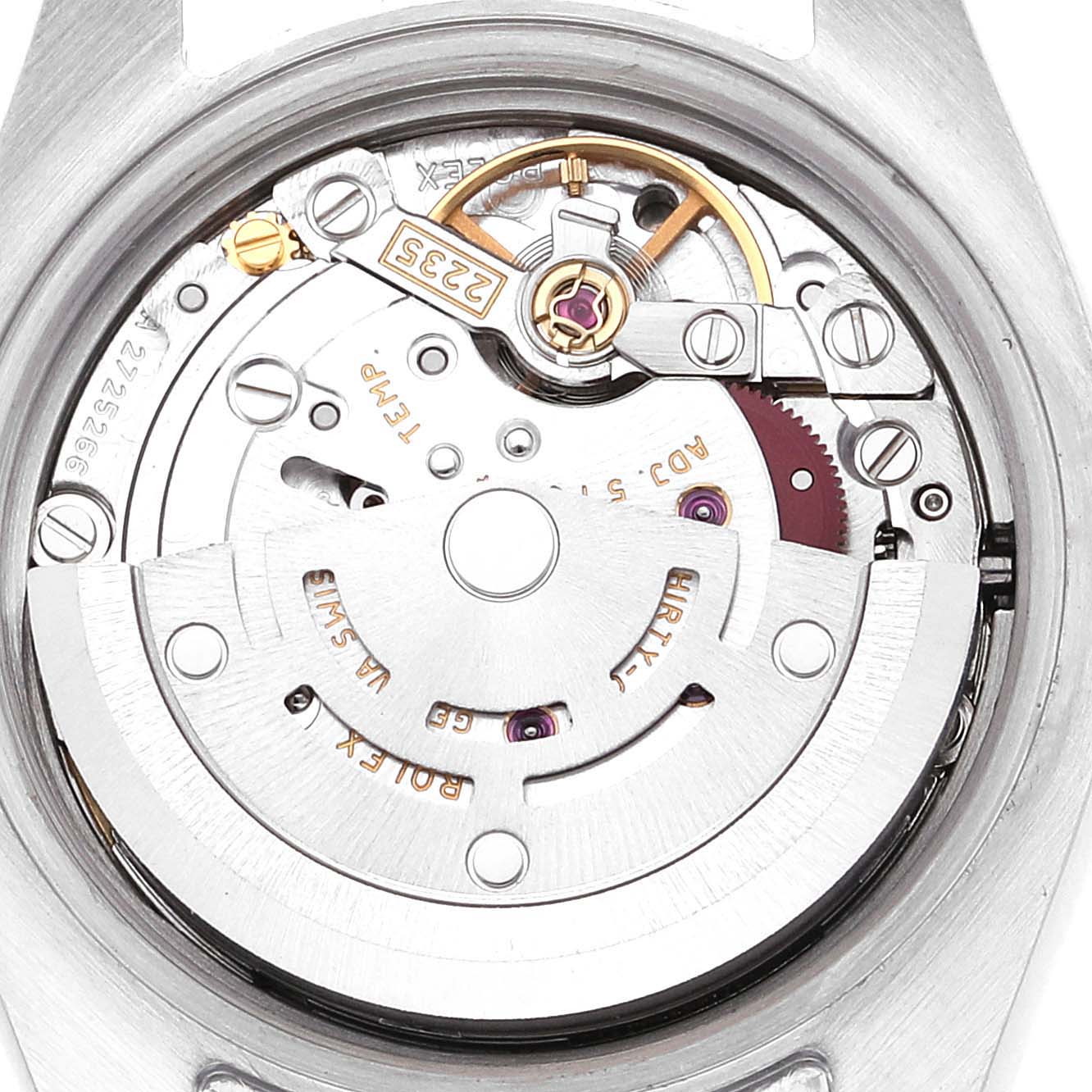This image shows an up-close view of the internal movement of a Rolex Datejust 179173 Women's Steel and Gold (two tone) Champagne Dial 179173 Women's Steel and Gold (two tone) Champagne Dial watch.