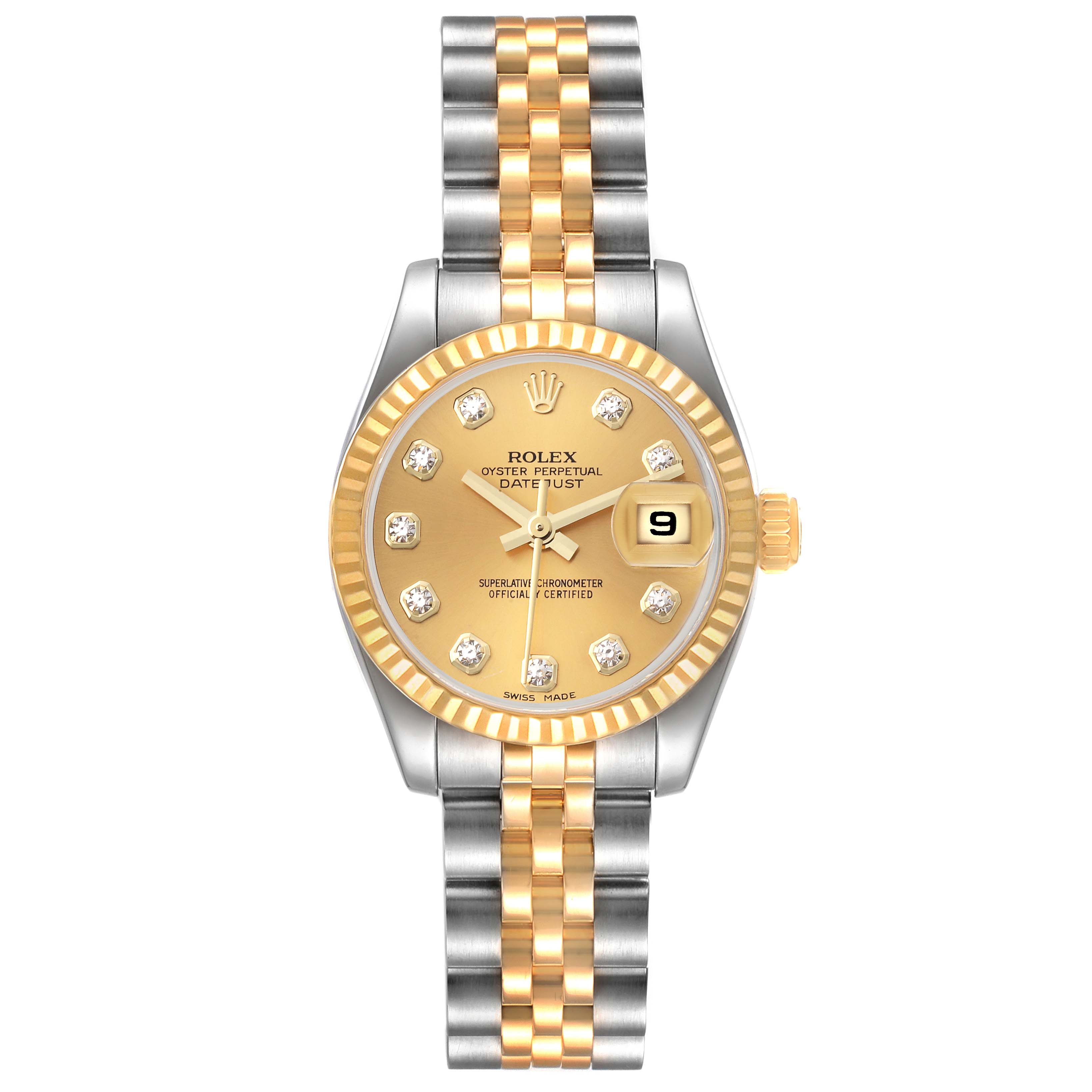 The image shows a Rolex Datejust 179173 Women's Steel and Gold (two tone) Champagne Dial 179173 Women's Steel and Gold (two tone) Champagne Dial watch from a front angle, highlighting its two-tone bracelet and gold dial with diamond hour markers.