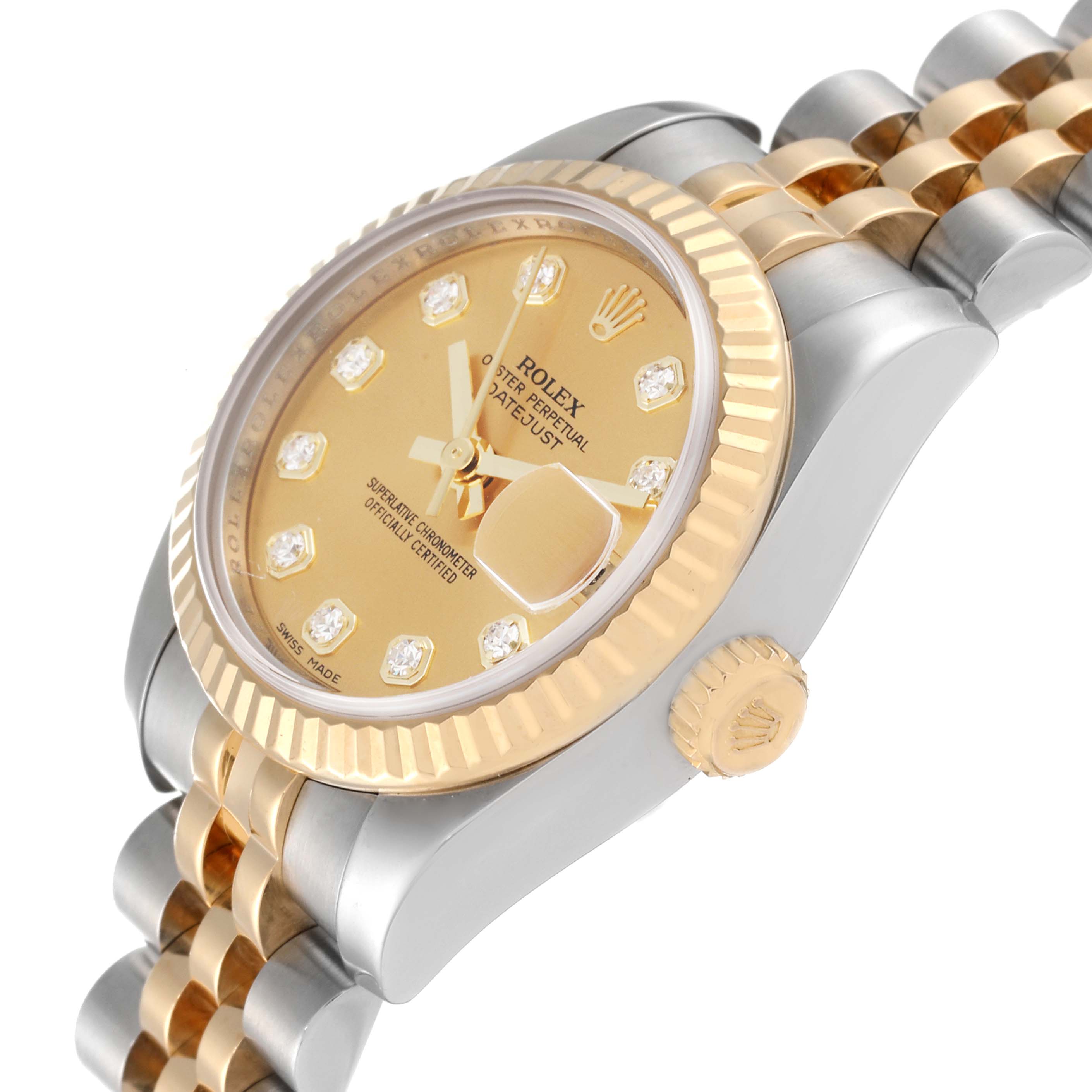 The image shows a side angle view of a Rolex Datejust 179173 Women's Steel and Gold (two tone) Champagne Dial 179173 Women's Steel and Gold (two tone) Champagne Dial watch, featuring its gold dial, fluted bezel, and Jubilee bracelet.
