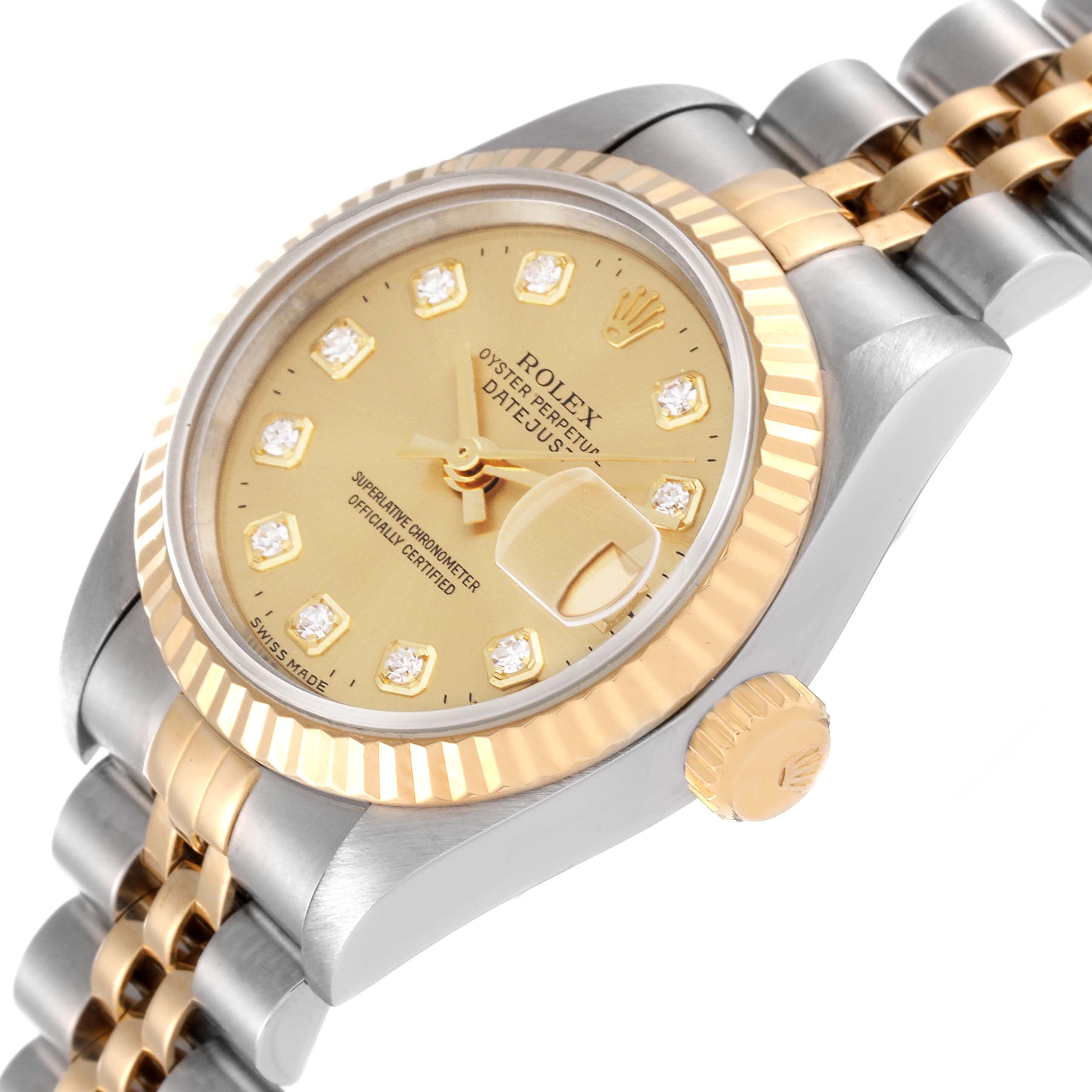 The image shows a close-up, angled view of a Rolex Datejust 69173 Women's Steel and Gold (two tone) Champagne Dial 69173 Women's Steel and Gold (two tone) Champagne Dial watch featuring the bezel, crown, dial, and part of the bracelet.