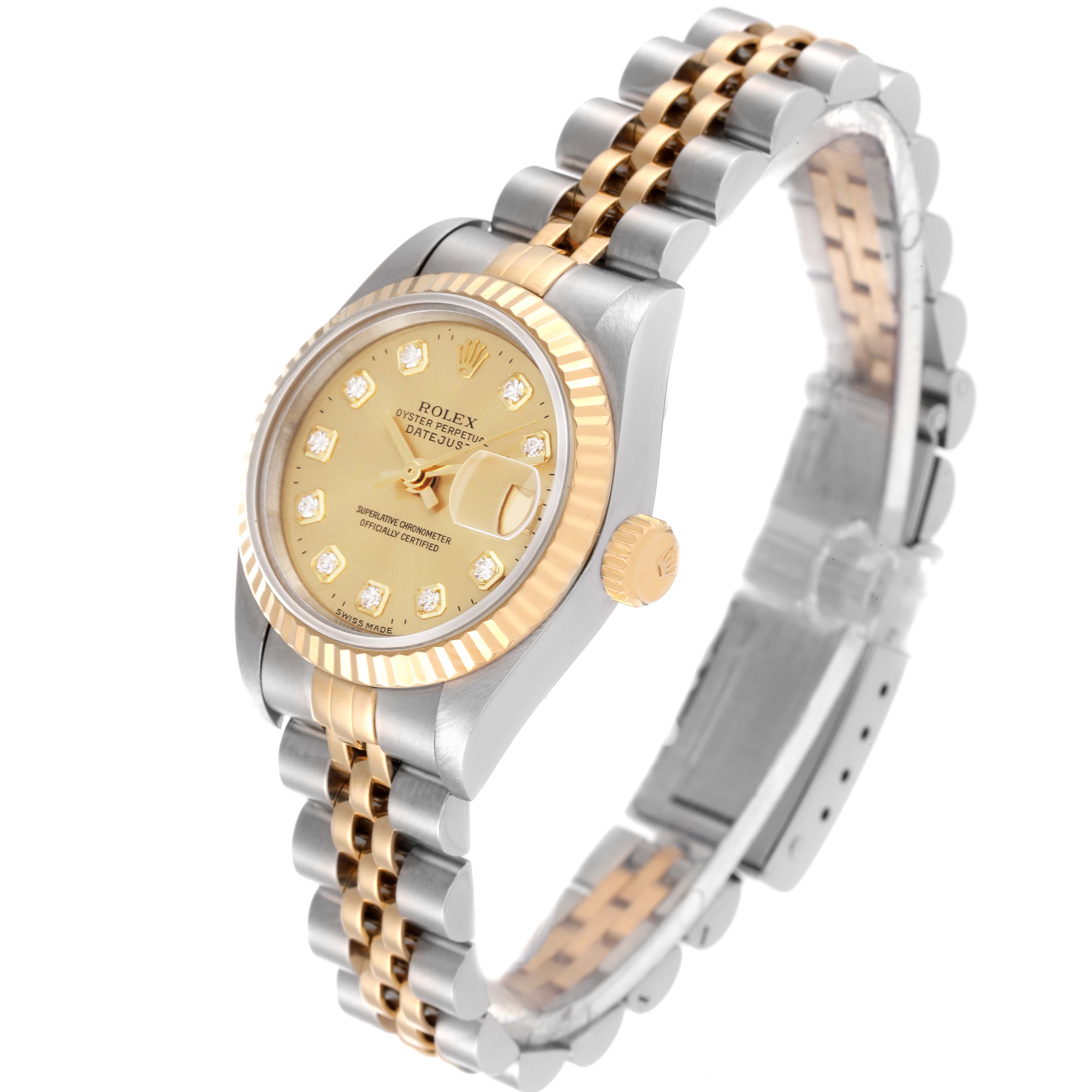 This image shows a side angle of a Rolex Datejust 69173 Women's Steel and Gold (two tone) Champagne Dial 69173 Women's Steel and Gold (two tone) Champagne Dial watch, highlighting its two-tone bracelet, bezel, and dial.