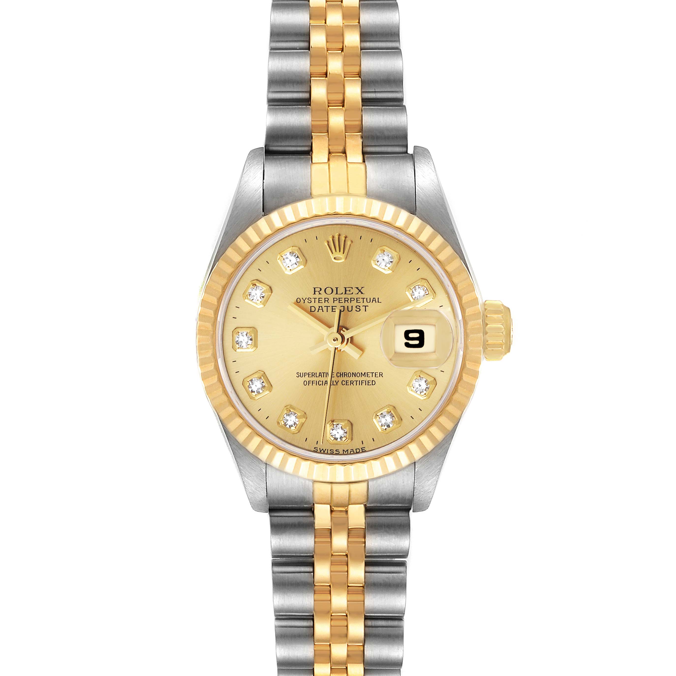 This is a front view of a Rolex Datejust 69173 Women's Steel and Gold (two tone) Champagne Dial 69173 Women's Steel and Gold (two tone) Champagne Dial watch showcasing its bracelet and dial.