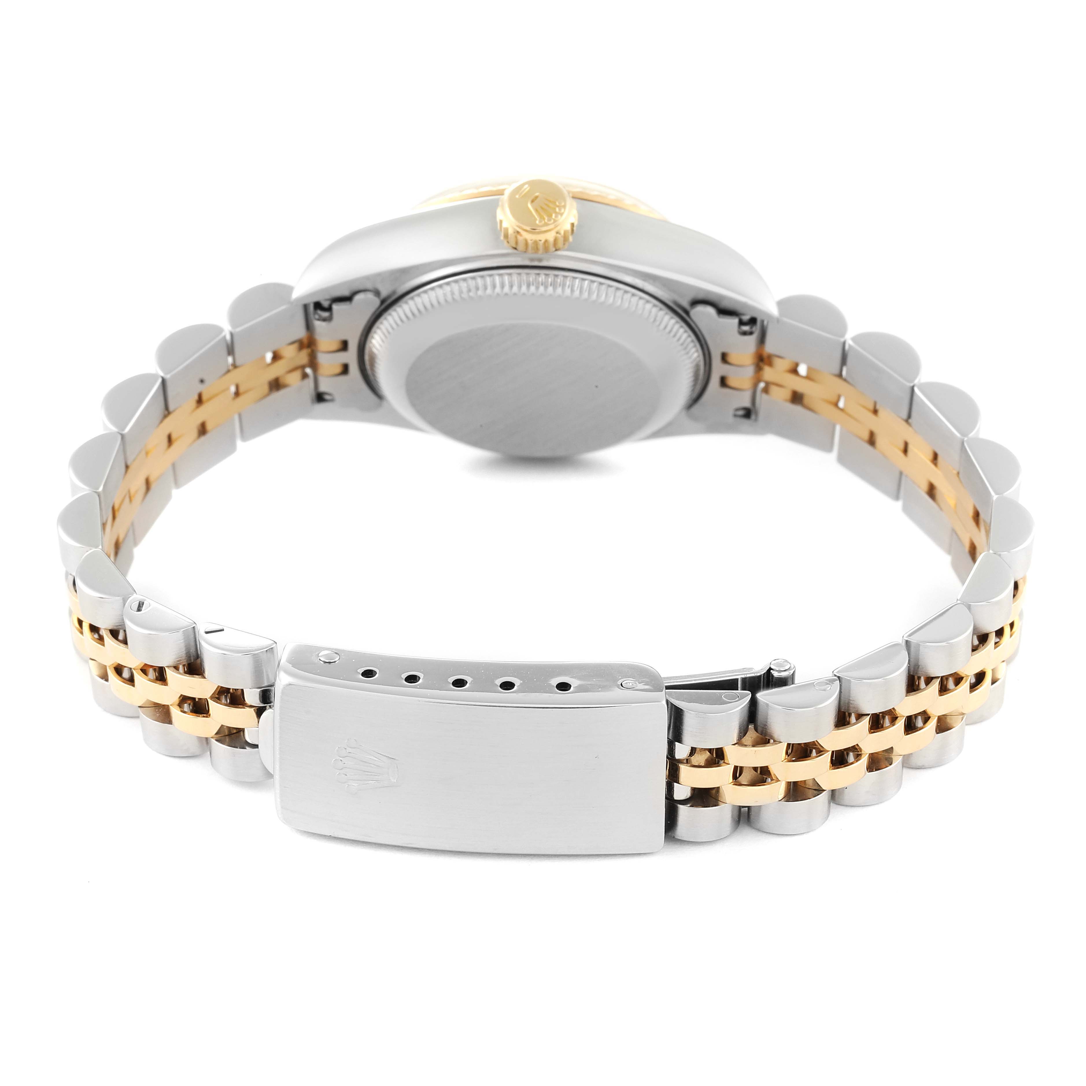 The image shows the back and clasp of a Rolex Datejust 69173 Women's Steel and Gold (two tone) Champagne Dial 69173 Women's Steel and Gold (two tone) Champagne Dial watch, highlighting its two-tone bracelet and caseback.