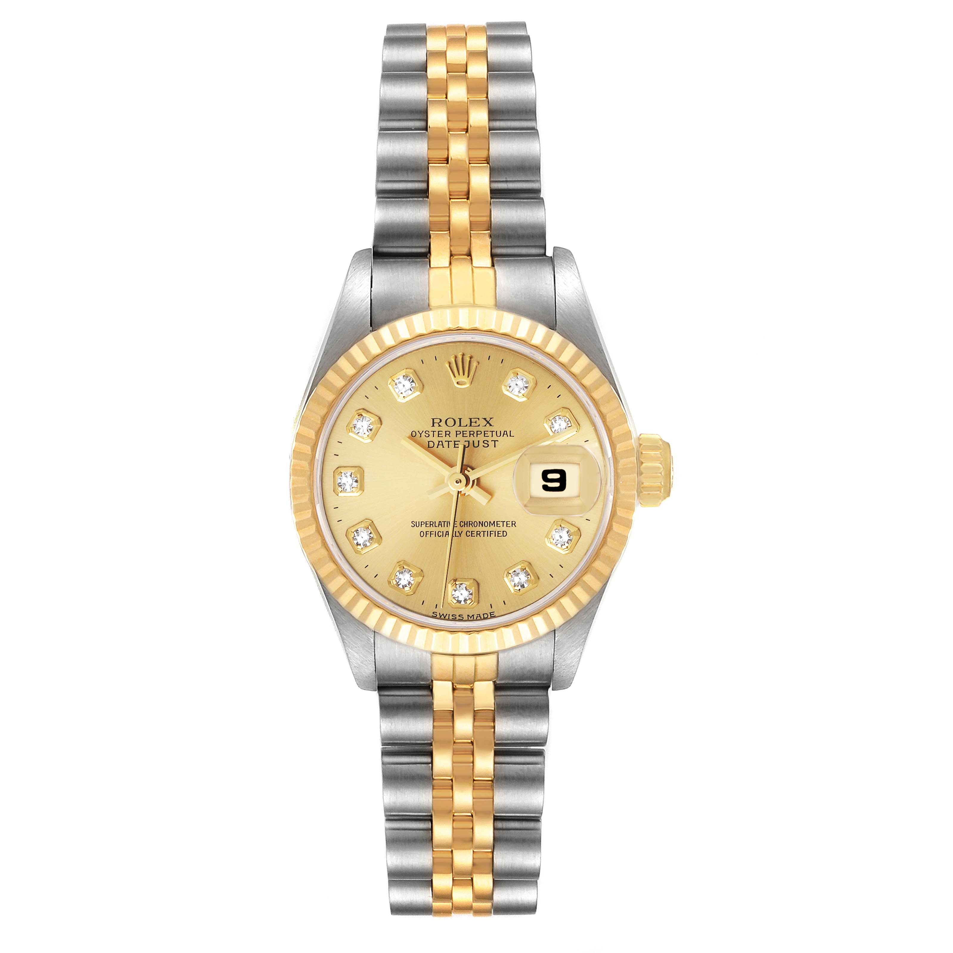 The Rolex Datejust 69173 Women's Steel and Gold (two tone) Champagne Dial 69173 Women's Steel and Gold (two tone) Champagne Dial watch is shown from a front angle, displaying its gold and silver bracelet, fluted bezel, and date window.