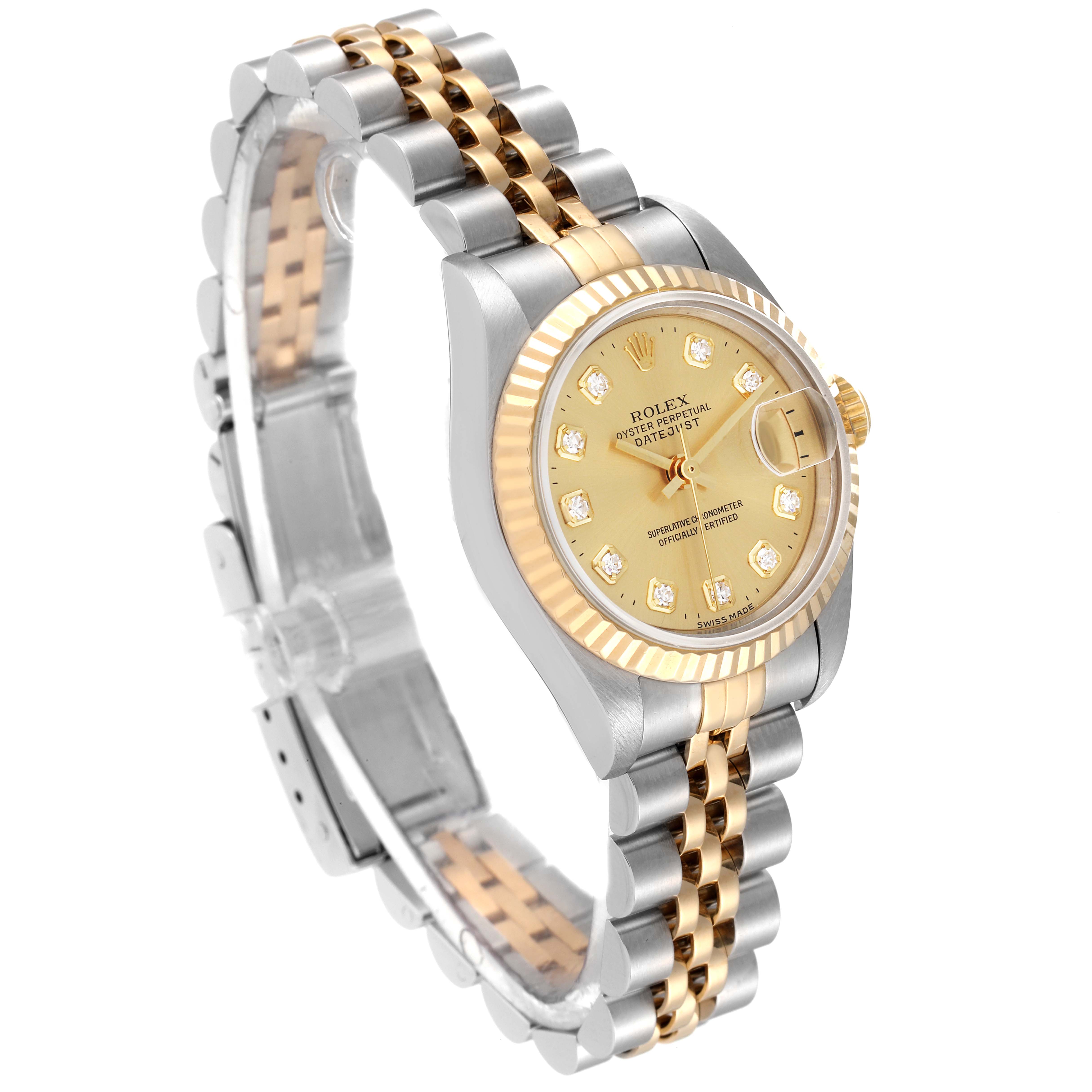 This image shows a Rolex Datejust 69173 Women's Steel and Gold (two tone) Champagne Dial 69173 Women's Steel and Gold (two tone) Champagne Dial watch at a three-quarter angle, highlighting the dial, bezel, case, and two-tone bracelet.