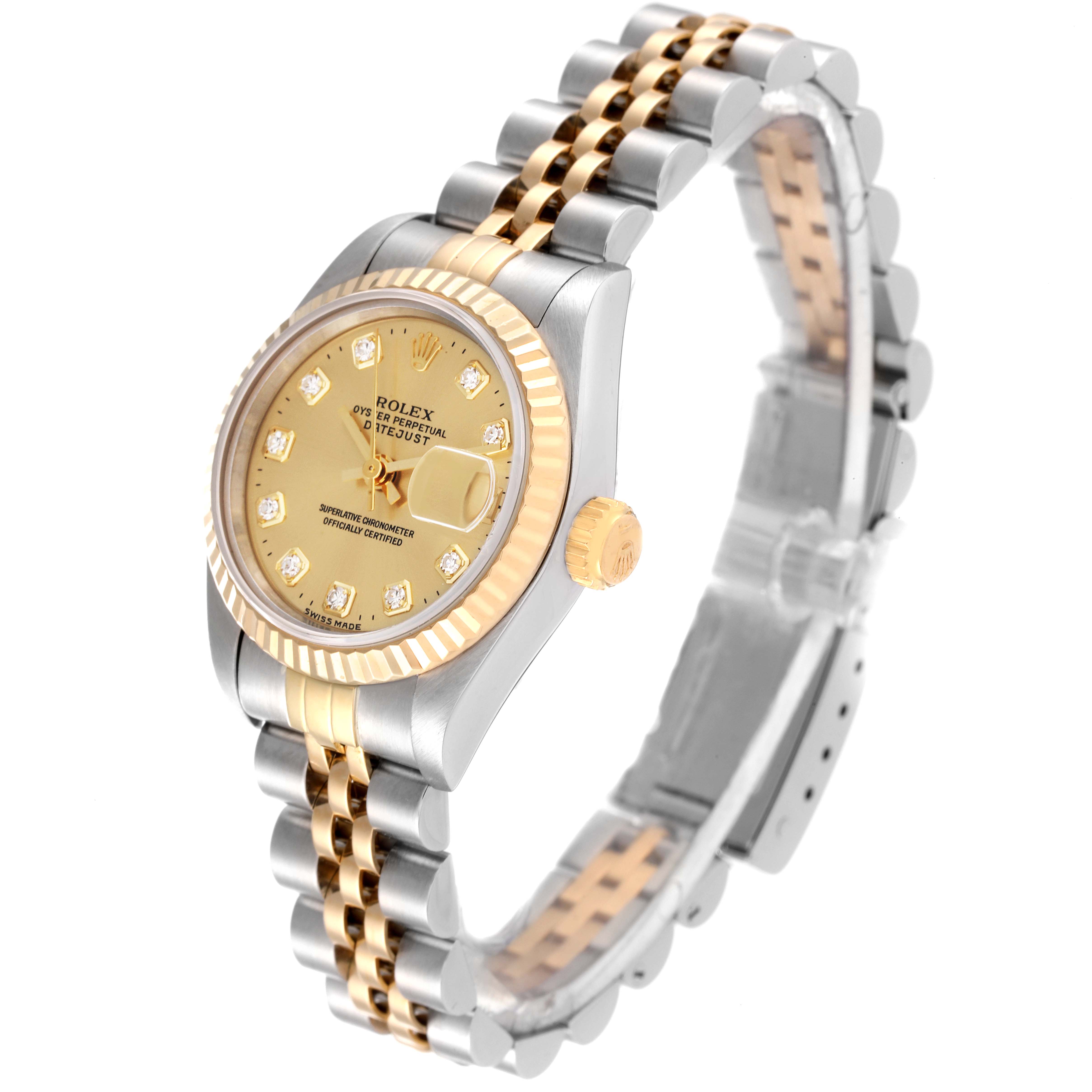 The Rolex Datejust 69173 Women's Steel and Gold (two tone) Champagne Dial 69173 Women's Steel and Gold (two tone) Champagne Dial watch is shown at a slightly tilted angle, displaying the face, bezel, crown, and bracelet.