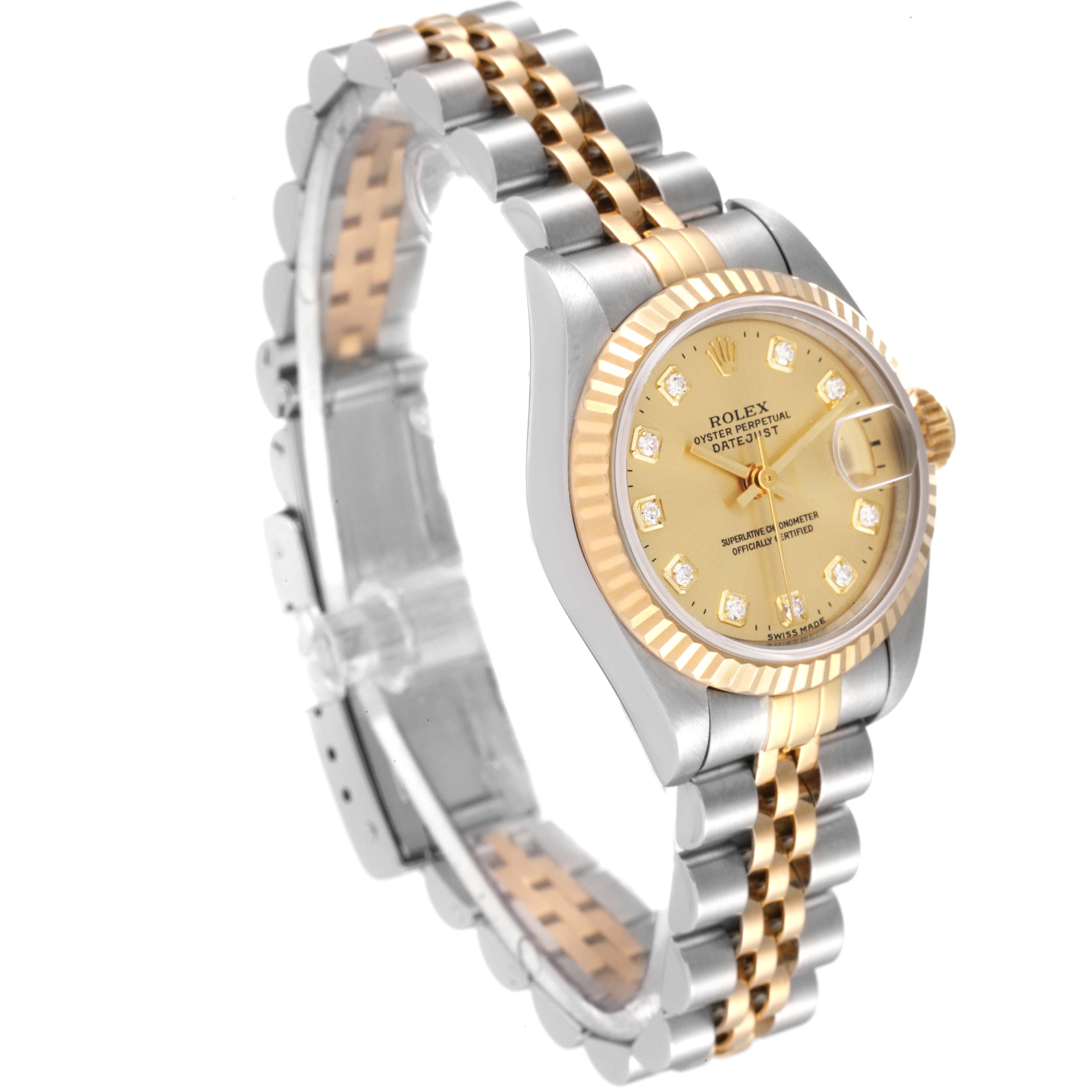 The image shows a Rolex Datejust 69173 Women's Steel and Gold (two tone) Champagne Dial 69173 Women's Steel and Gold (two tone) Champagne Dial watch with a two-tone gold and silver bracelet from a three-quarter angle.