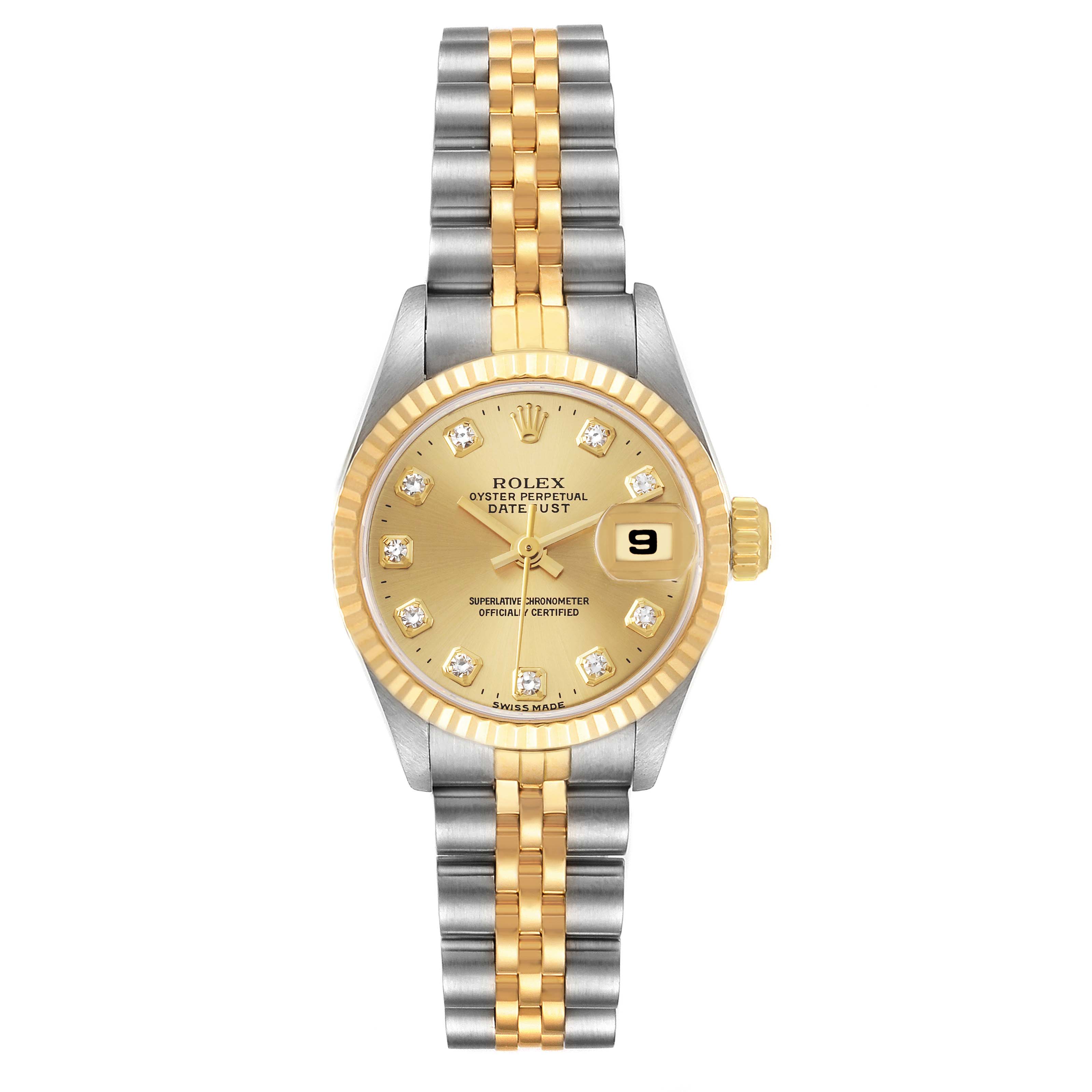 The image shows a front view of a Rolex Datejust 69173 Women's Steel and Gold (two tone) Champagne Dial 69173 Women's Steel and Gold (two tone) Champagne Dial watch with a two-tone bracelet, gold bezel, and gold dial.