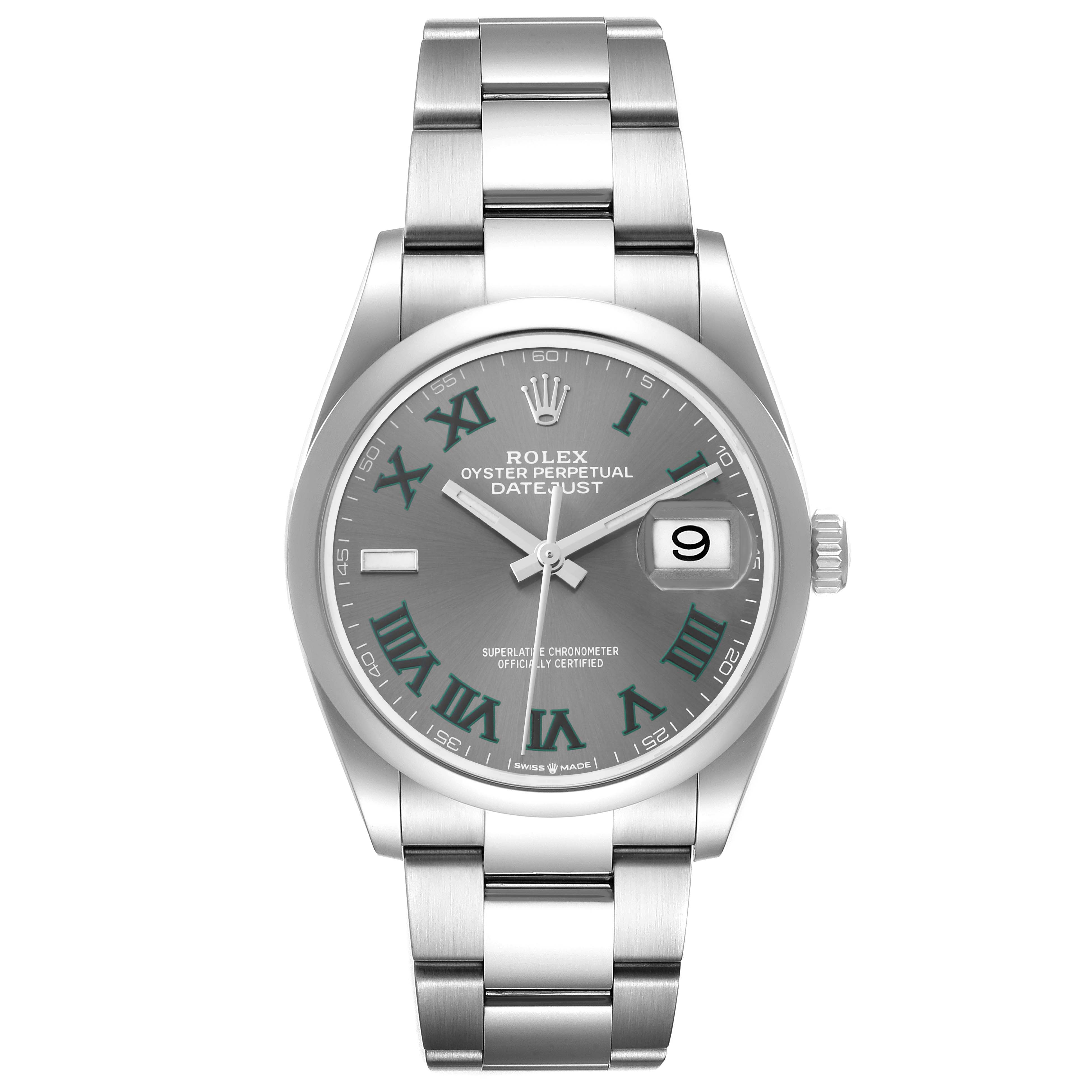 The Rolex Datejust 126200 Men's Stainless Steel Grey Dial 126200 Men's Stainless Steel Grey Dial watch is shown from the front, highlighting its face, bracelet, and crown.