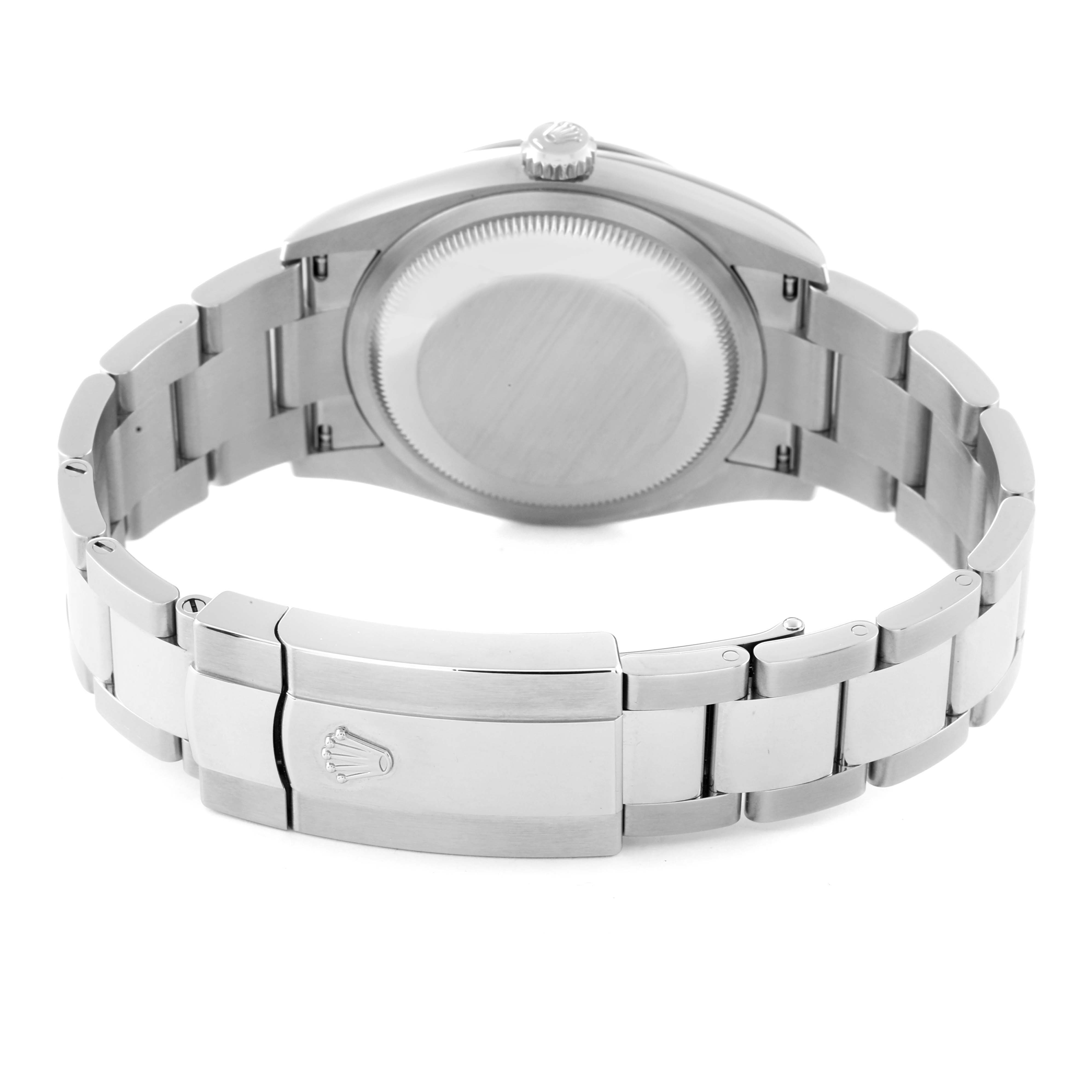 This image shows the back view of the Rolex Datejust 126200 Men's Stainless Steel Grey Dial 126200 Men's Stainless Steel Grey Dial watch, highlighting the case back and bracelet with the clasp.