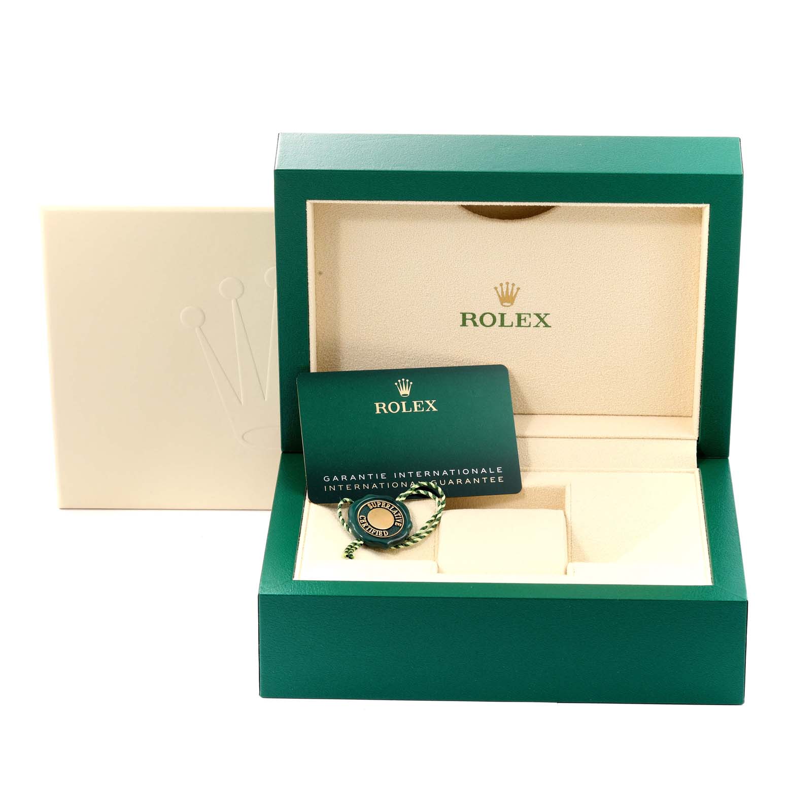 The image shows a green Rolex Datejust 126200 Men's Stainless Steel Grey Dial 126200 Men's Stainless Steel Grey Dial box and accessories, including a warranty card and a certification tag, from a frontal angle.