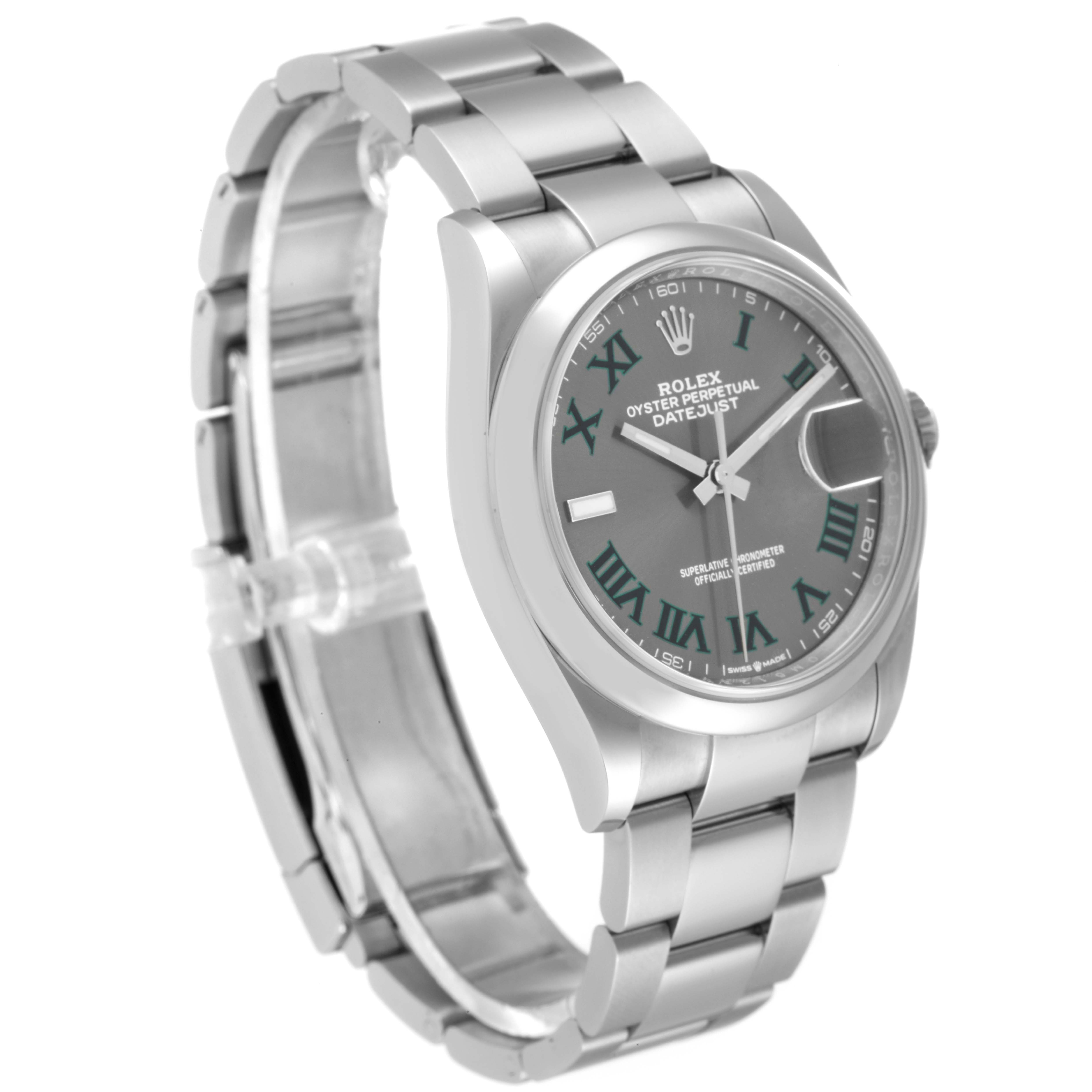 The image shows a Rolex Datejust 126200 Men's Stainless Steel Grey Dial 126200 Men's Stainless Steel Grey Dial watch at a three-quarter angle, highlighting the face, bezel, and bracelet.