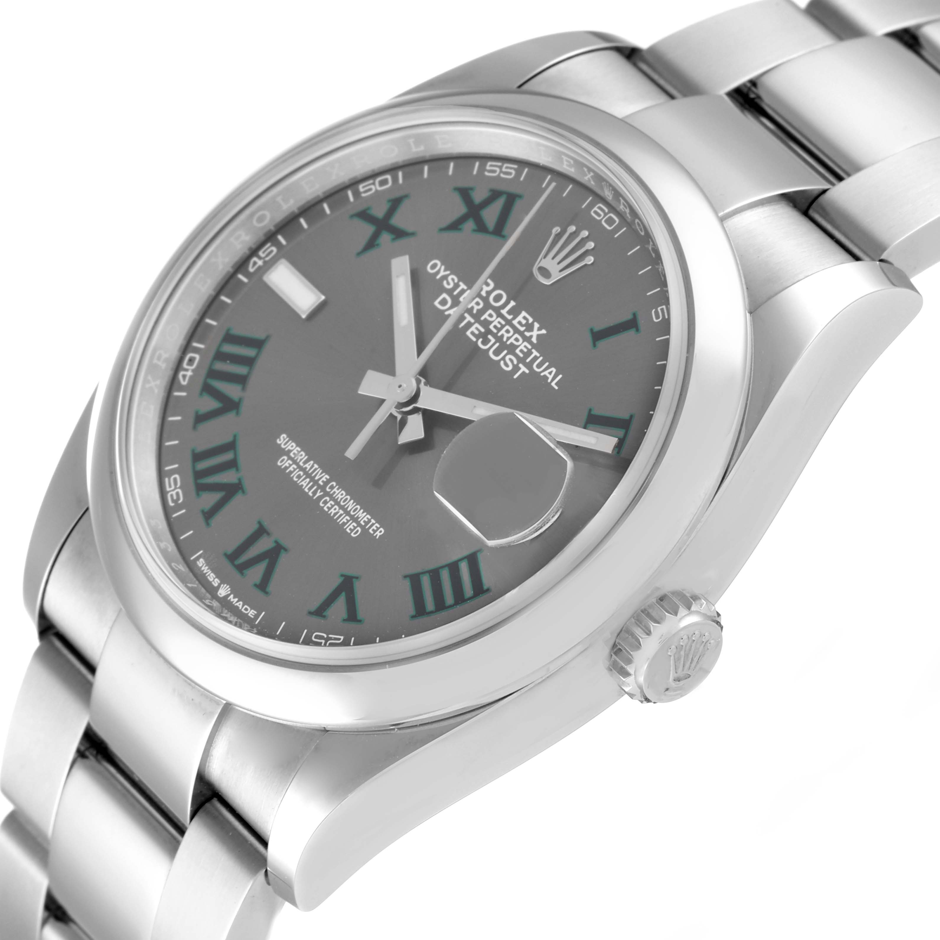 The image shows a Rolex Datejust 126200 Men's Stainless Steel Grey Dial 126200 Men's Stainless Steel Grey Dial watch at a slight angle, prominently displaying the dial, case, crown, and part of the bracelet.