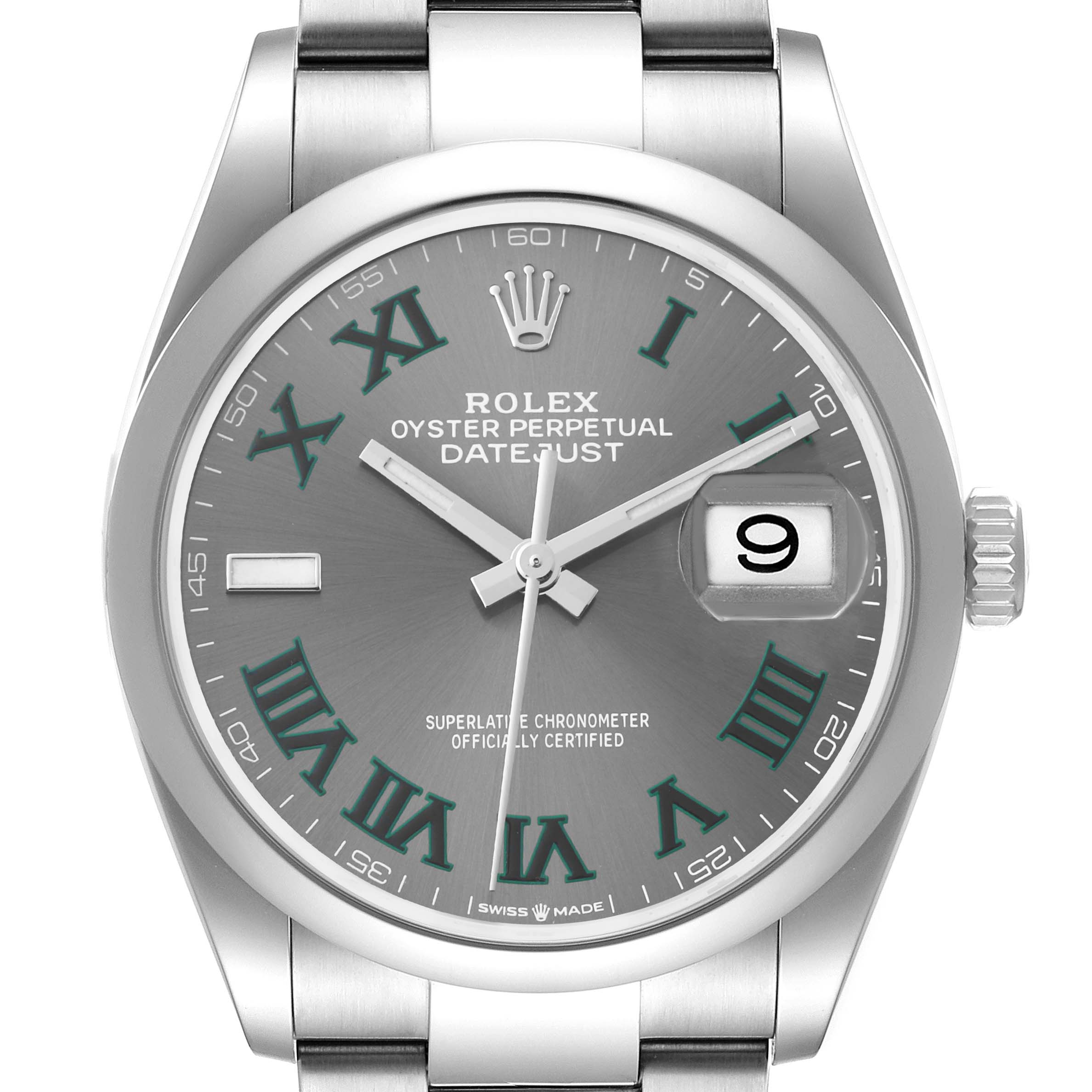 This image shows a front view of a Rolex Datejust 126200 Men's Stainless Steel Grey Dial 126200 Men's Stainless Steel Grey Dial watch, featuring the dial, hands, date window, and part of the bracelet.