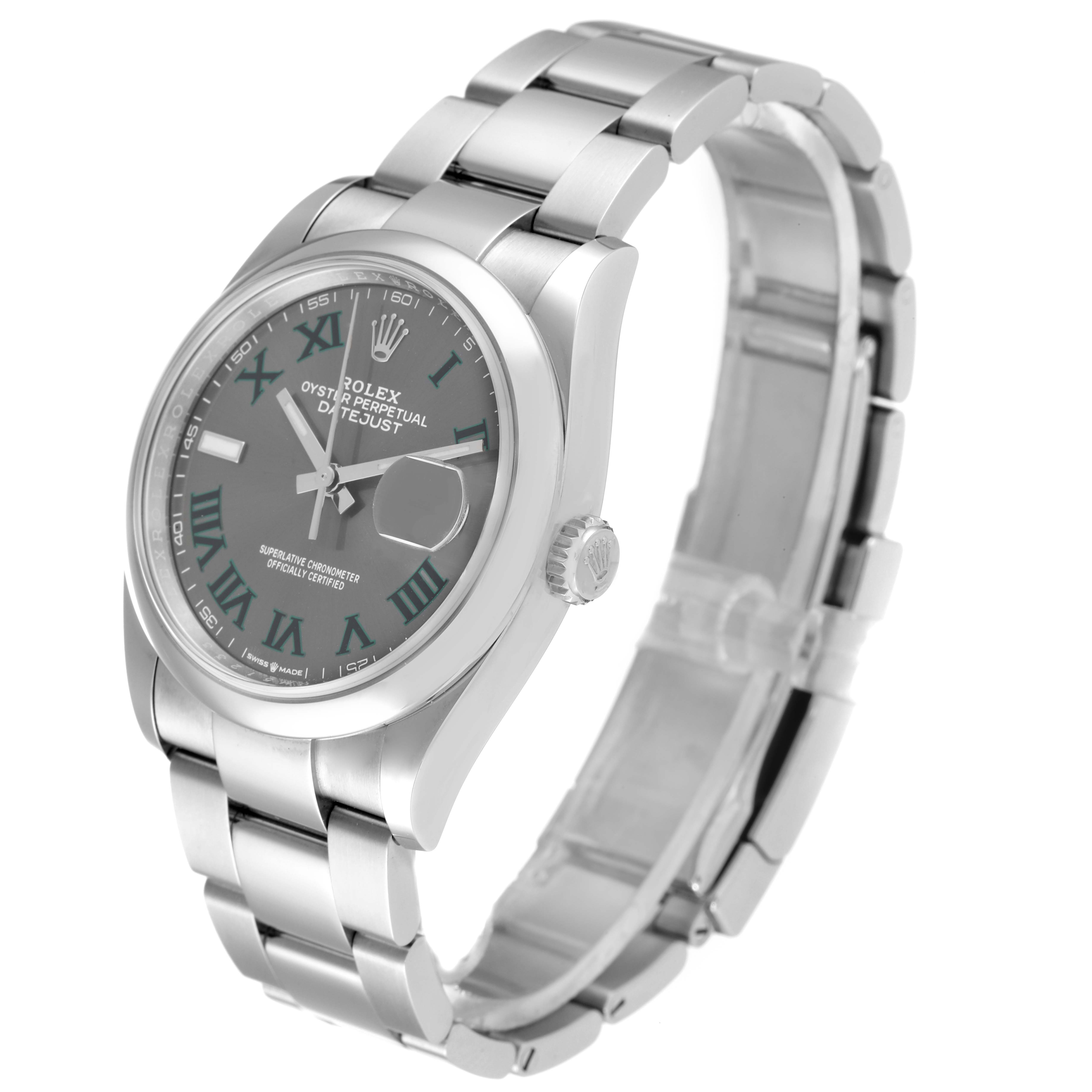 The image shows a Rolex Datejust 126200 Men's Stainless Steel Grey Dial 126200 Men's Stainless Steel Grey Dial watch from an angled perspective, highlighting its dial, bracelet, and crown.