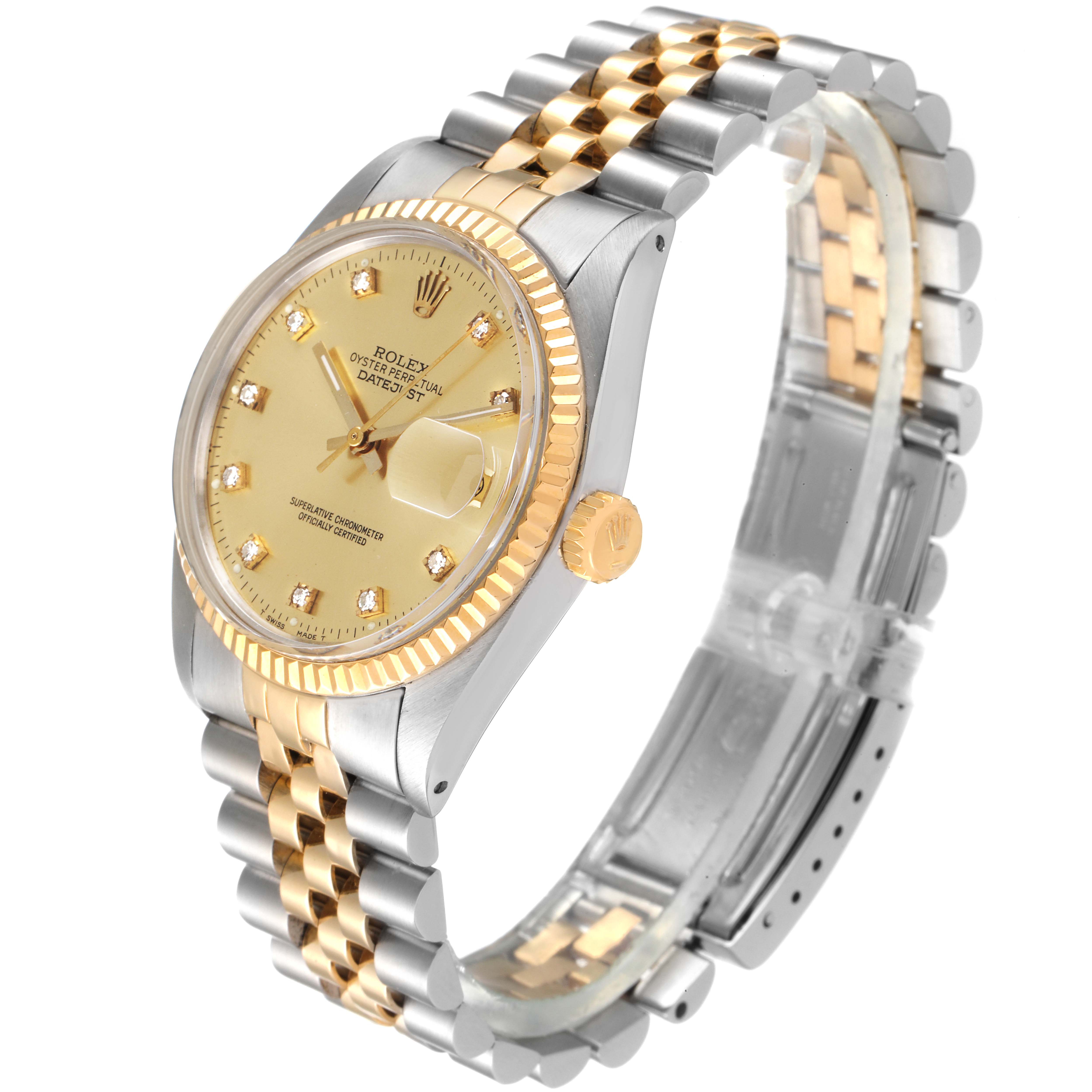 The Rolex Vintage Collection 16013 Men's Steel and Gold (two tone) Champagne Dial 16013 Men's Steel and Gold (two tone) Champagne Dial model is shown at a three-quarter angle, displaying the face, band, and crown of the watch.