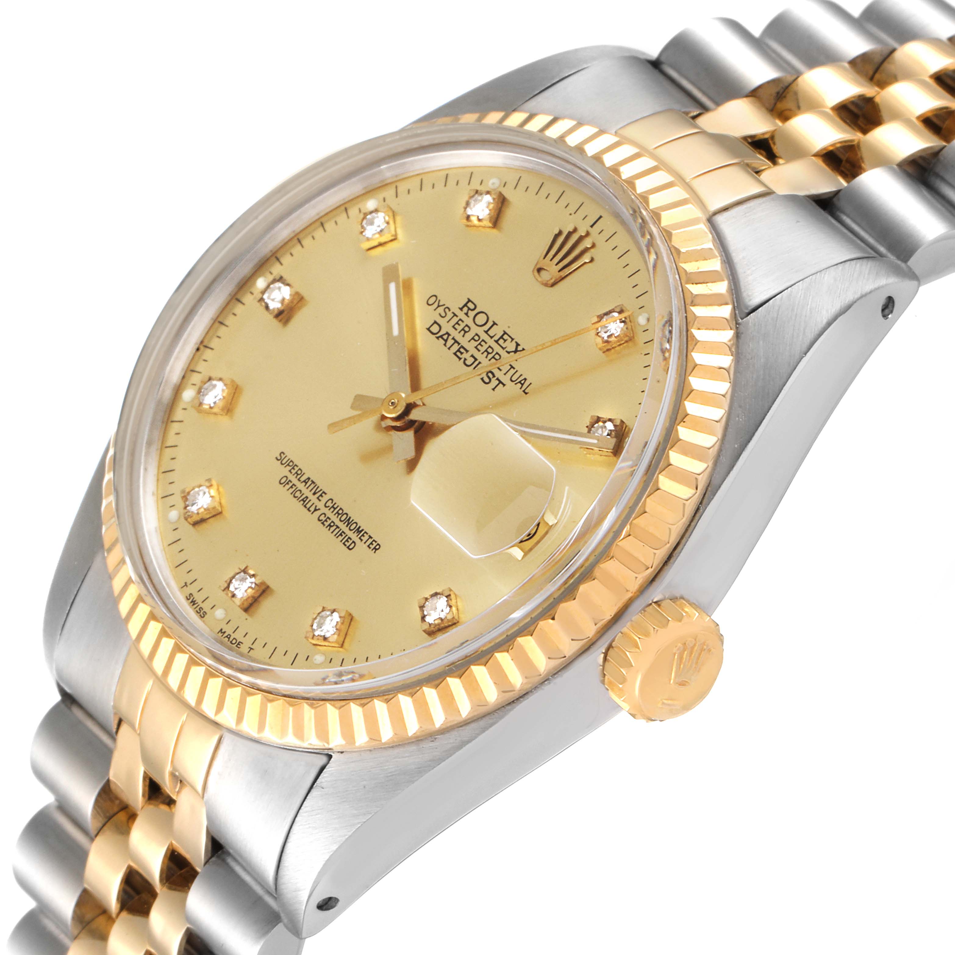 The image shows a close-up of a Rolex Vintage Collection 16013 Men's Steel and Gold (two tone) Champagne Dial 16013 Men's Steel and Gold (two tone) Champagne Dial watch, highlighting the gold dial, fluted bezel, and two-tone bracelet at an angle.