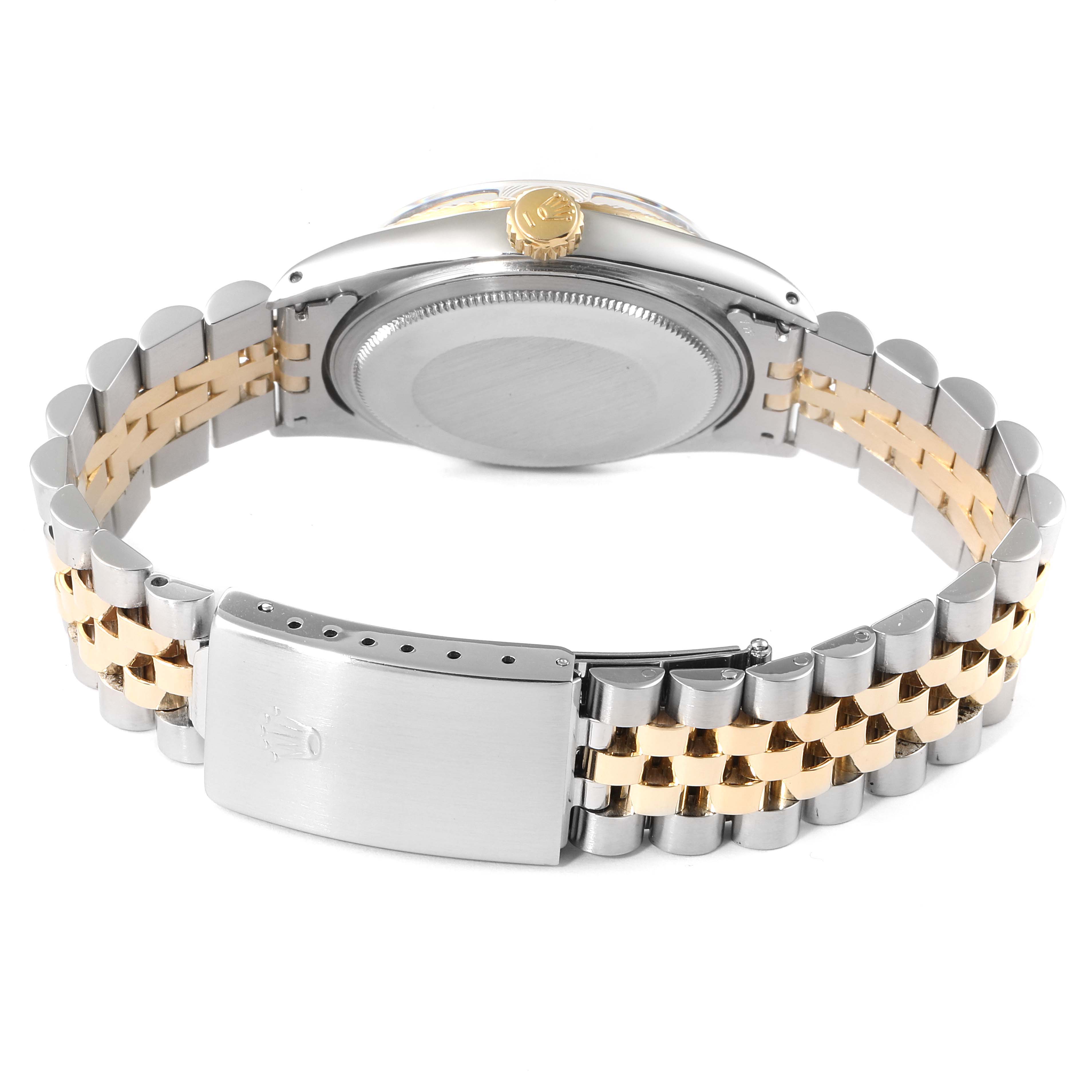 The image shows the back case and bracelet of a Rolex Vintage Collection 16013 Men's Steel and Gold (two tone) Champagne Dial 16013 Men's Steel and Gold (two tone) Champagne Dial watch, highlighting the clasp and two-tone band.