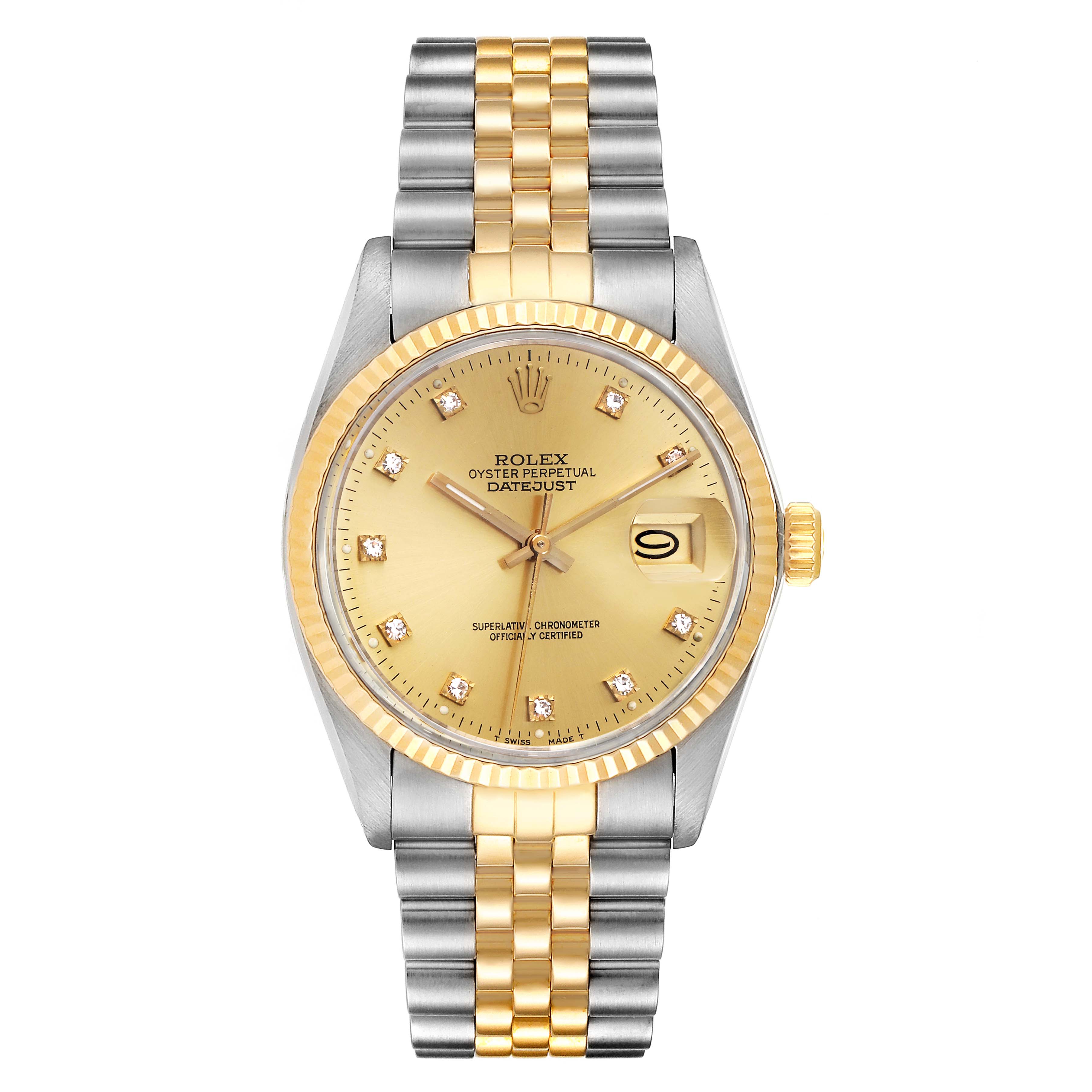 This is a front view of a Rolex Vintage Collection 16013 Men's Steel and Gold (two tone) Champagne Dial 16013 Men's Steel and Gold (two tone) Champagne Dial Oyster Perpetual Datejust watch showing the dial, bezel, crown, and bracelet.