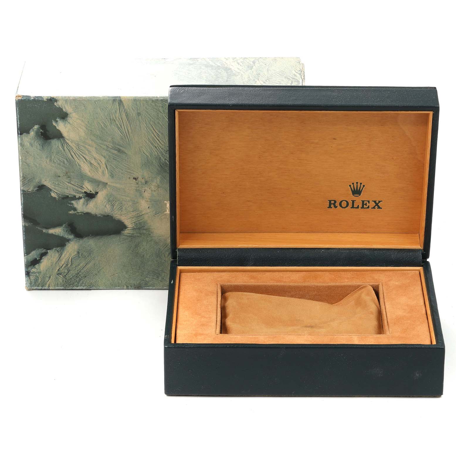 The image shows the open box of a Rolex Vintage Collection 16013 Men's Steel and Gold (two tone) Champagne Dial 16013 Men's Steel and Gold (two tone) Champagne Dial watch, highlighting the interior and exterior packaging.