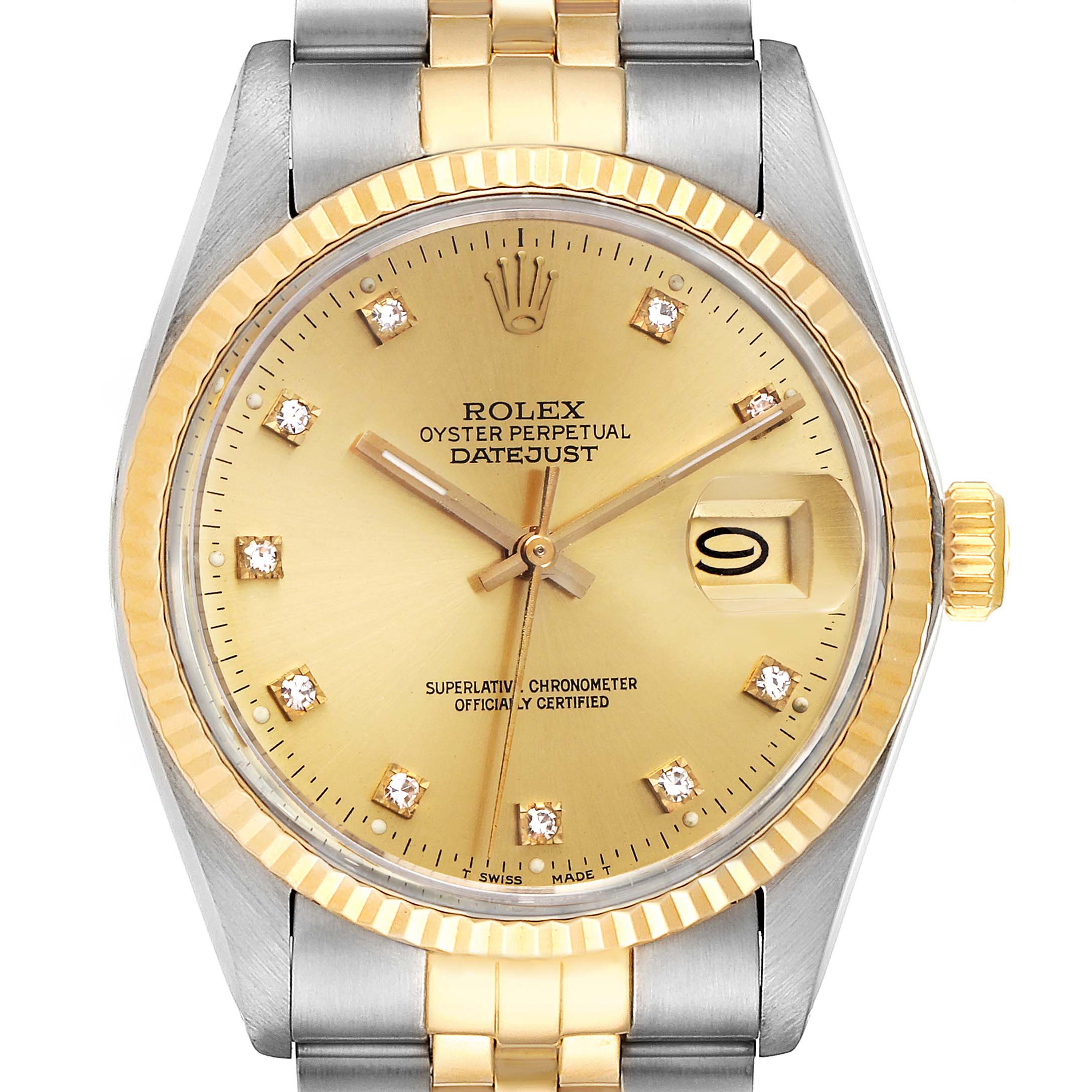 The Rolex Vintage Collection 16013 Men's Steel and Gold (two tone) Champagne Dial 16013 Men's Steel and Gold (two tone) Champagne Dial model is shown from a front angle, displaying its dial, bezel, crown, and part of the bracelet.