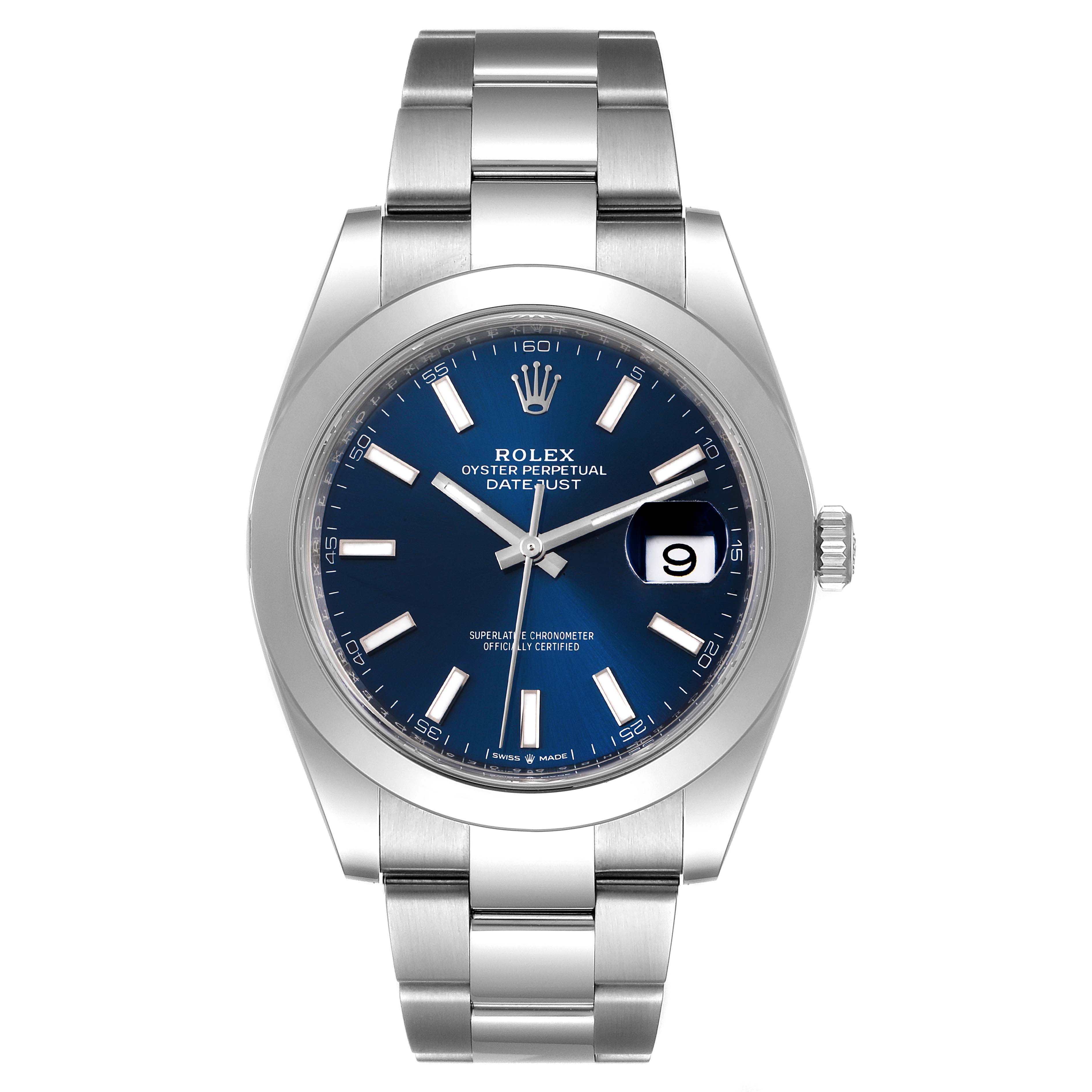 This image shows a front view of a Rolex Datejust 41 126300 Men's Stainless Steel Blue Dial 126300 Men's Stainless Steel Blue Dial, displaying the dial, bezel, case, and bracelet.