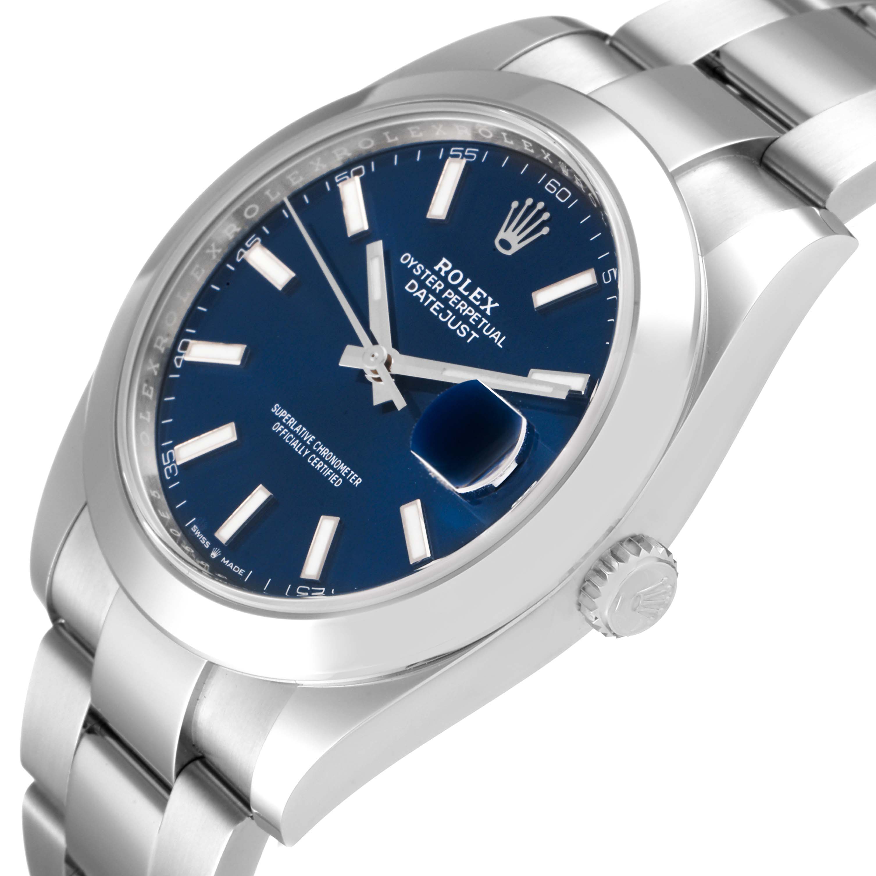 This image shows a close-up, angled view of the Rolex Datejust 41 126300 Men's Stainless Steel Blue Dial 126300 Men's Stainless Steel Blue Dial watch focusing on the dial, casing, and part of the bracelet.