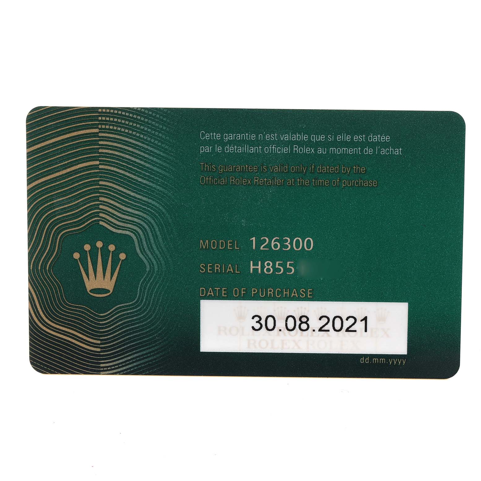 The image shows a green warranty card for a Rolex Datejust 41 126300 Men's Stainless Steel Blue Dial 126300 Men's Stainless Steel Blue Dial model, including model number 126300 and purchase date 30.08.2021.