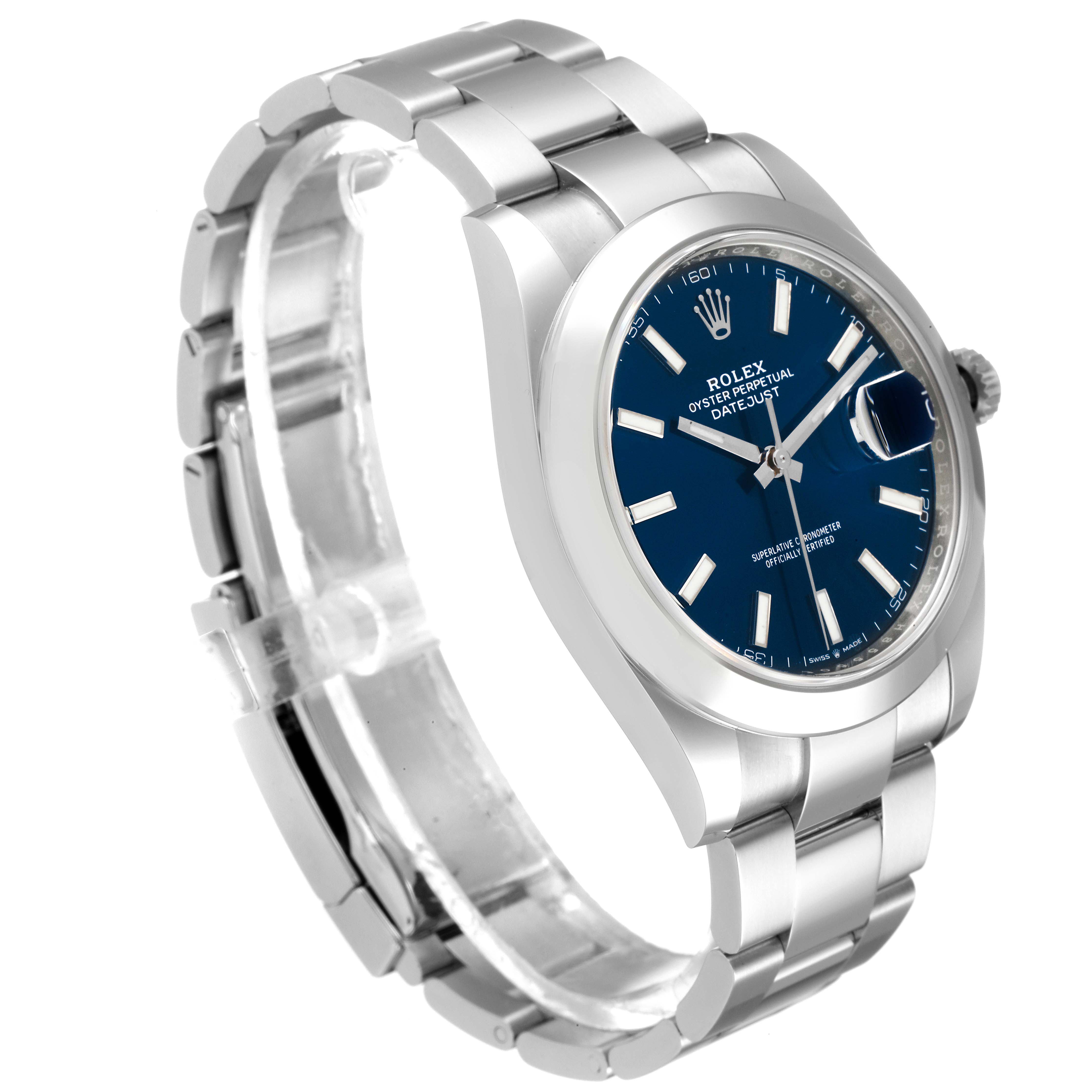 This image shows a side angle of the Rolex Datejust 41 126300 Men's Stainless Steel Blue Dial 126300 Men's Stainless Steel Blue Dial, highlighting its stainless steel case and bracelet with a blue dial.