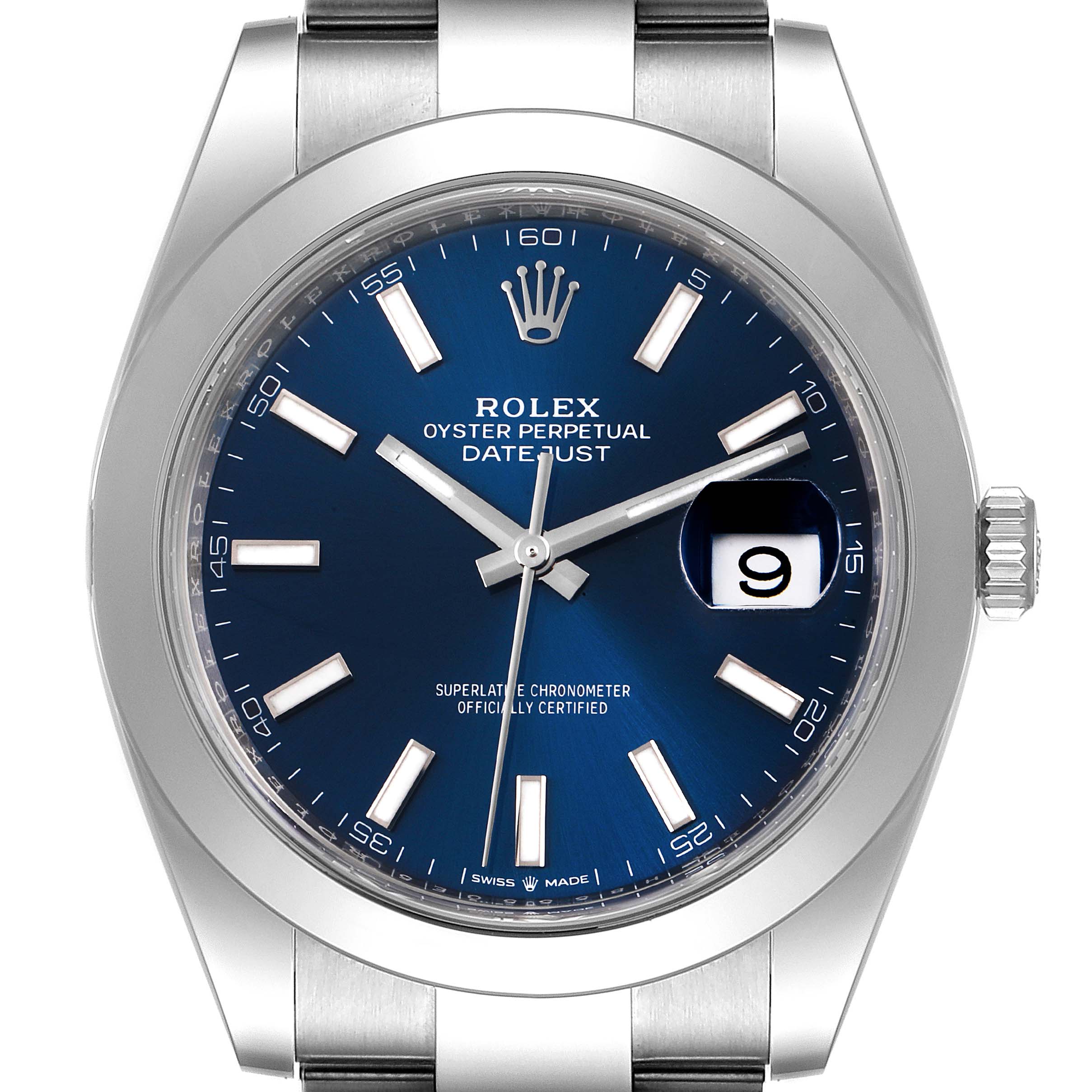 The image shows a front view of a Rolex Datejust 41 126300 Men's Stainless Steel Blue Dial 126300 Men's Stainless Steel Blue Dial watch, featuring its blue dial, silver hour markers, and date display.