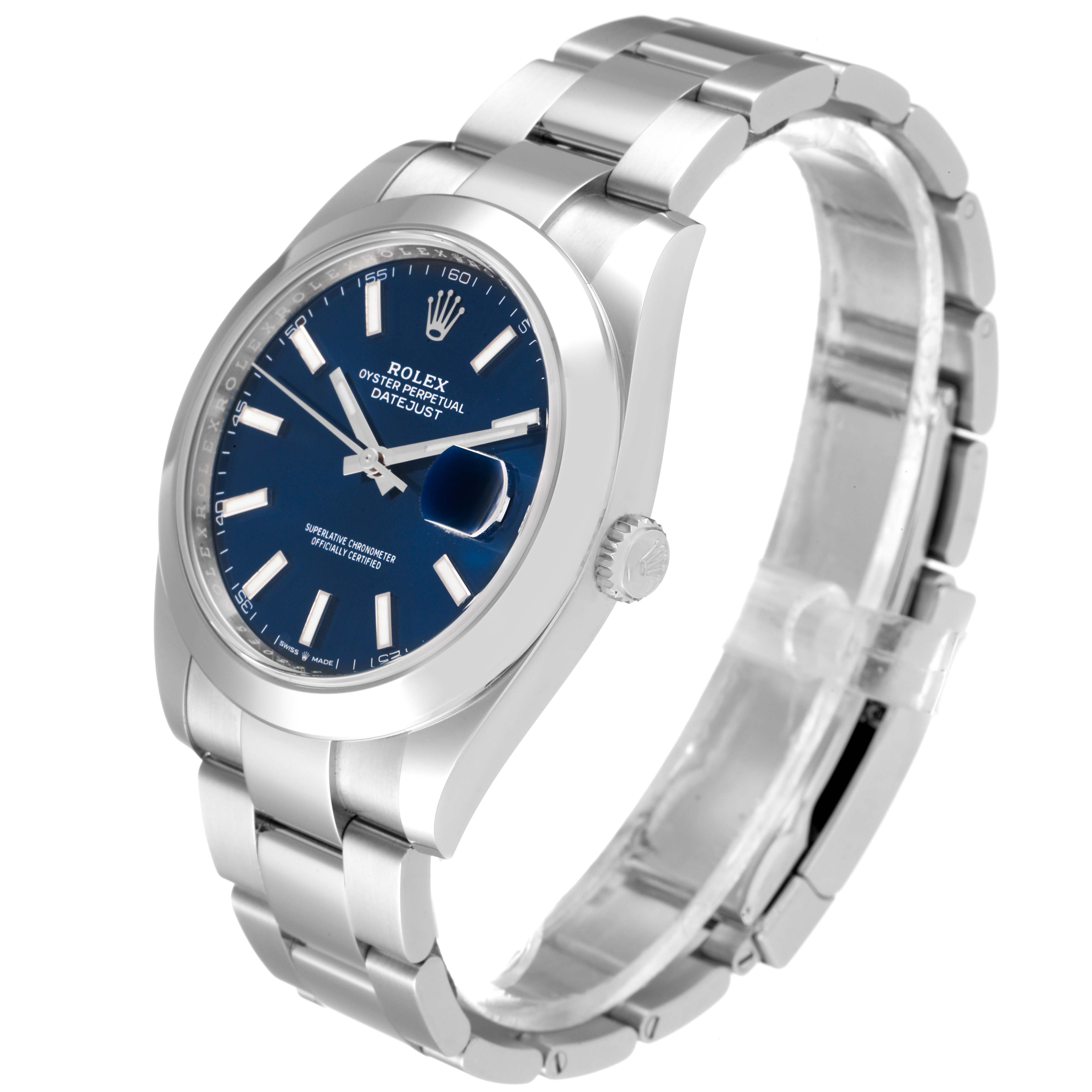 The image shows a Rolex Datejust 41 126300 Men's Stainless Steel Blue Dial 126300 Men's Stainless Steel Blue Dial watch at a slight angle, displaying the face, band, and crown.