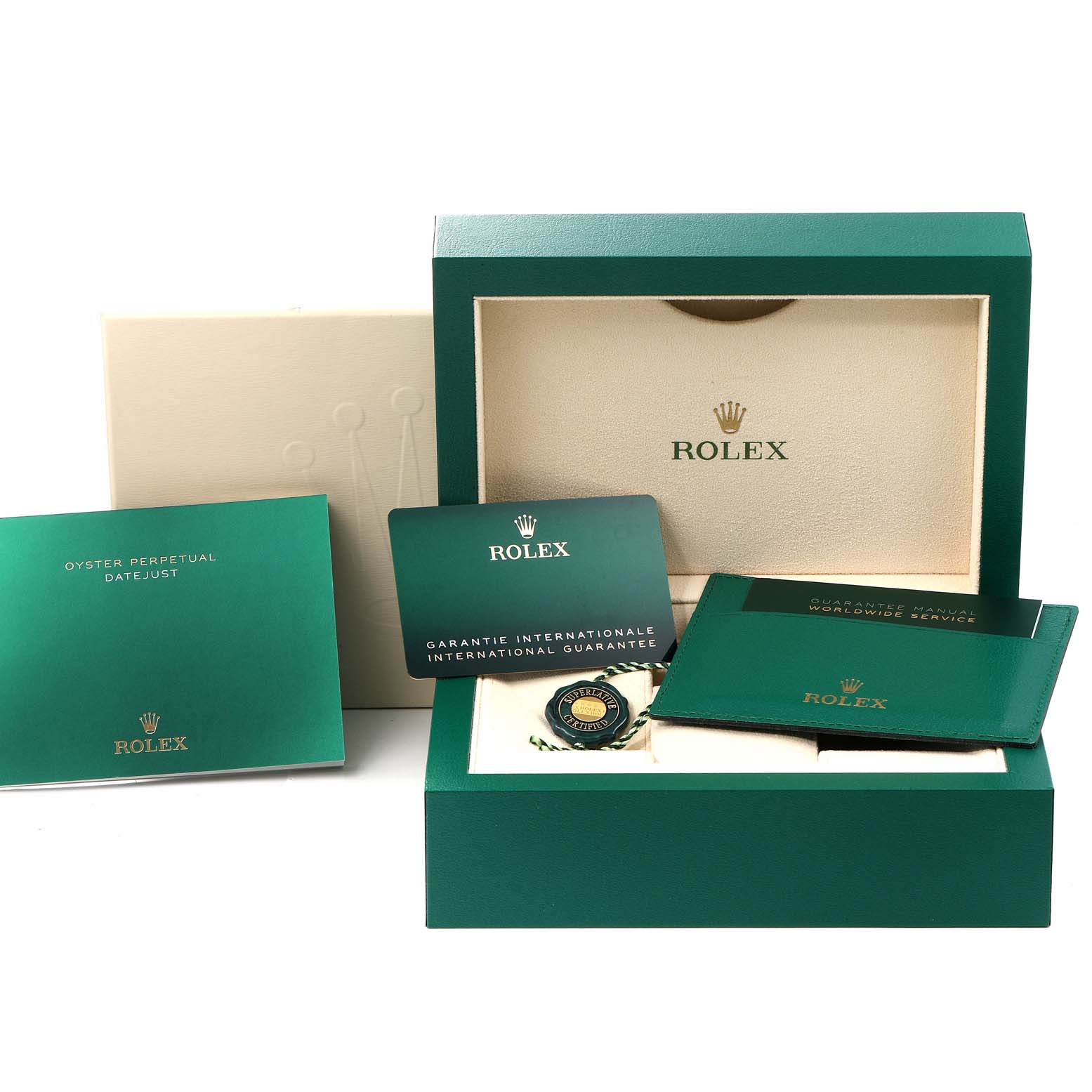 The image shows the box, guarantee card, manuals, and tag for the Rolex Datejust 41 126300 Men's Stainless Steel Blue Dial 126300 Men's Stainless Steel Blue Dial model.