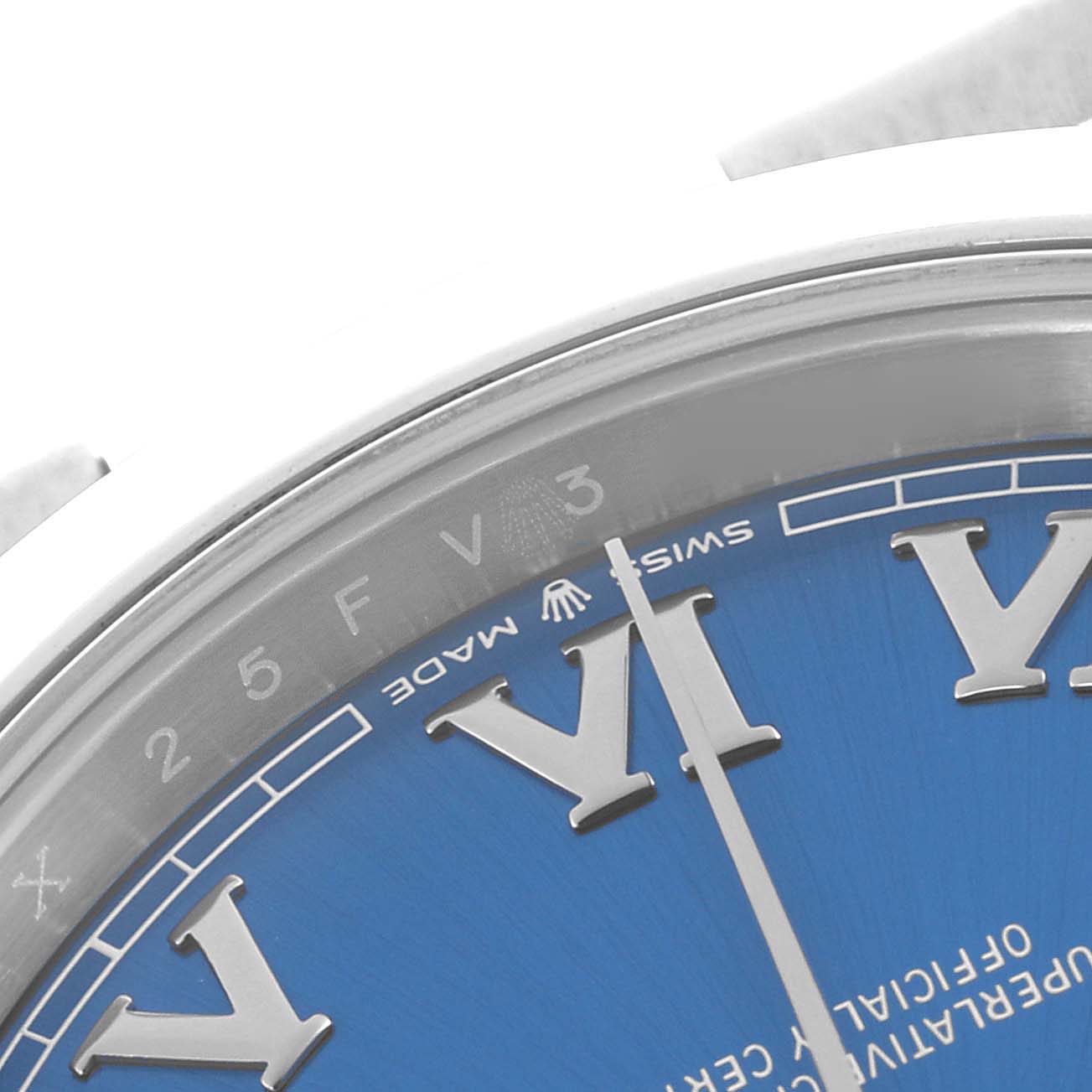 The image shows a close-up of the watch face, bezel, and markings of the Rolex Datejust 41 126300 Men
s Stainless Steel Blue Dial 126300 Men
s Stainless Steel Blue Dial.