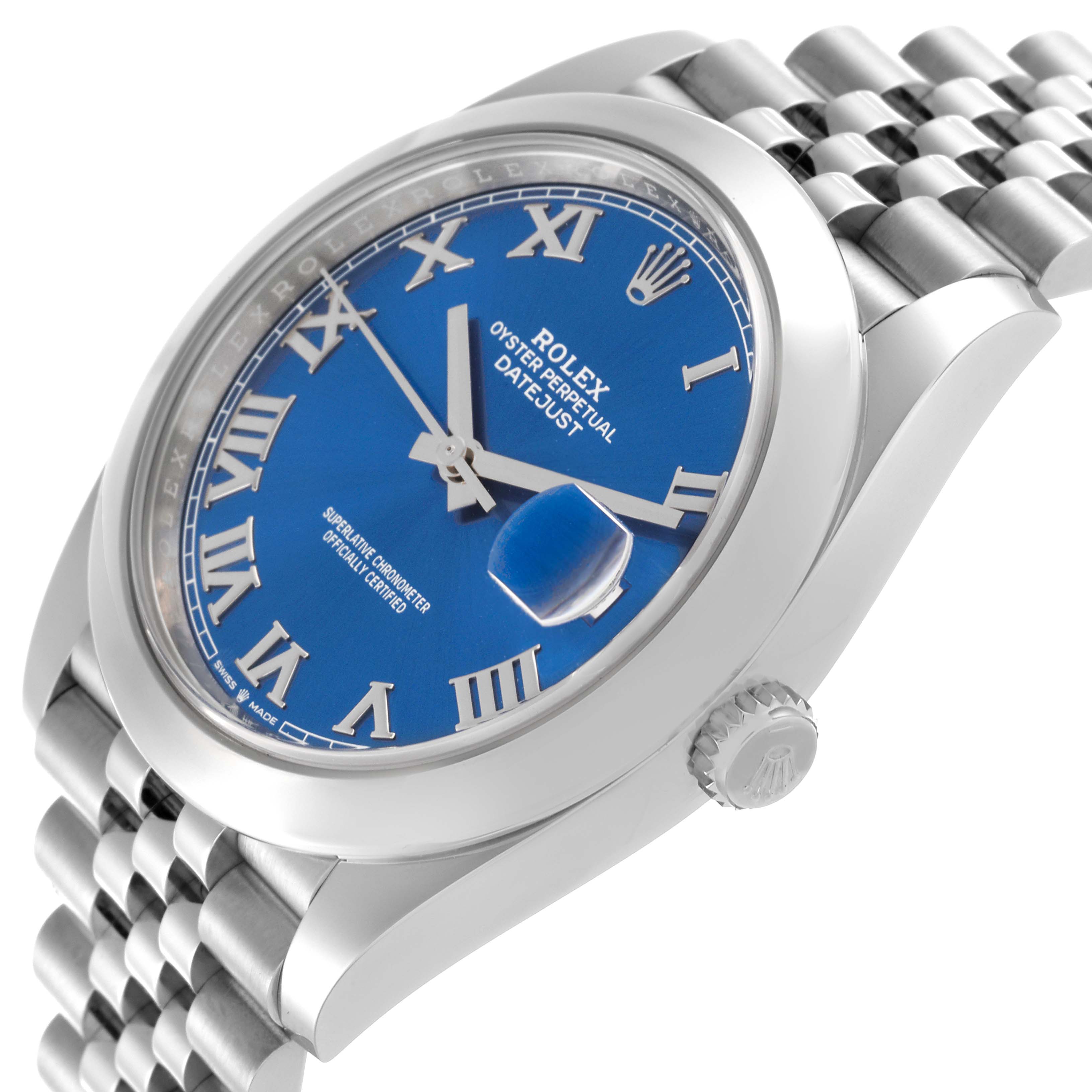 The Rolex Datejust 41 126300 Men
s Stainless Steel Blue Dial 126300 Men
s Stainless Steel Blue Dial watch is shown from a side angle, highlighting the blue dial, case, cyclops lens, and part of the bracelet.