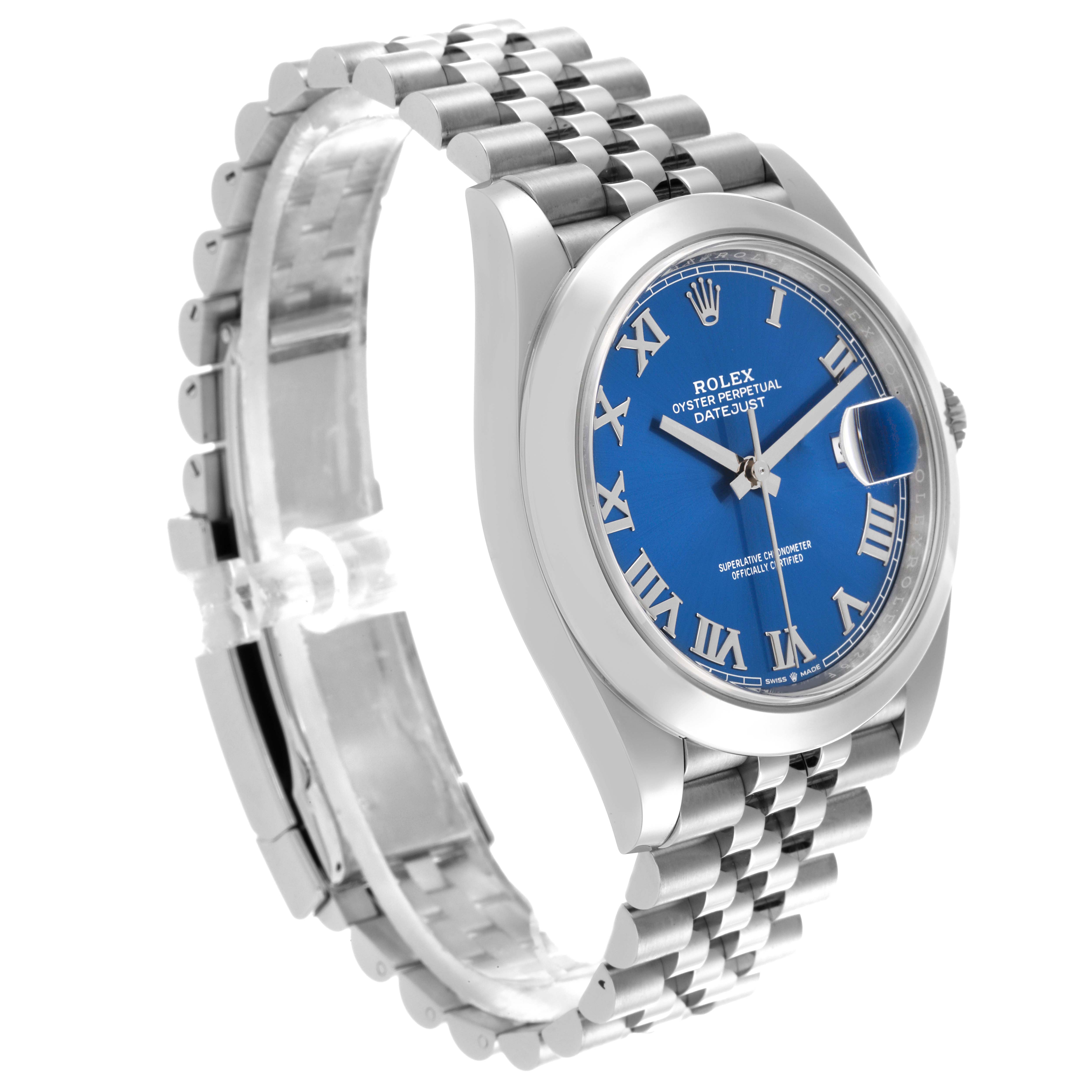 The watch is a Rolex Datejust 41 126300 Men
s Stainless Steel Blue Dial 126300 Men
s Stainless Steel Blue Dial, shown at a side angle highlighting the blue dial, case, and Jubilee bracelet.