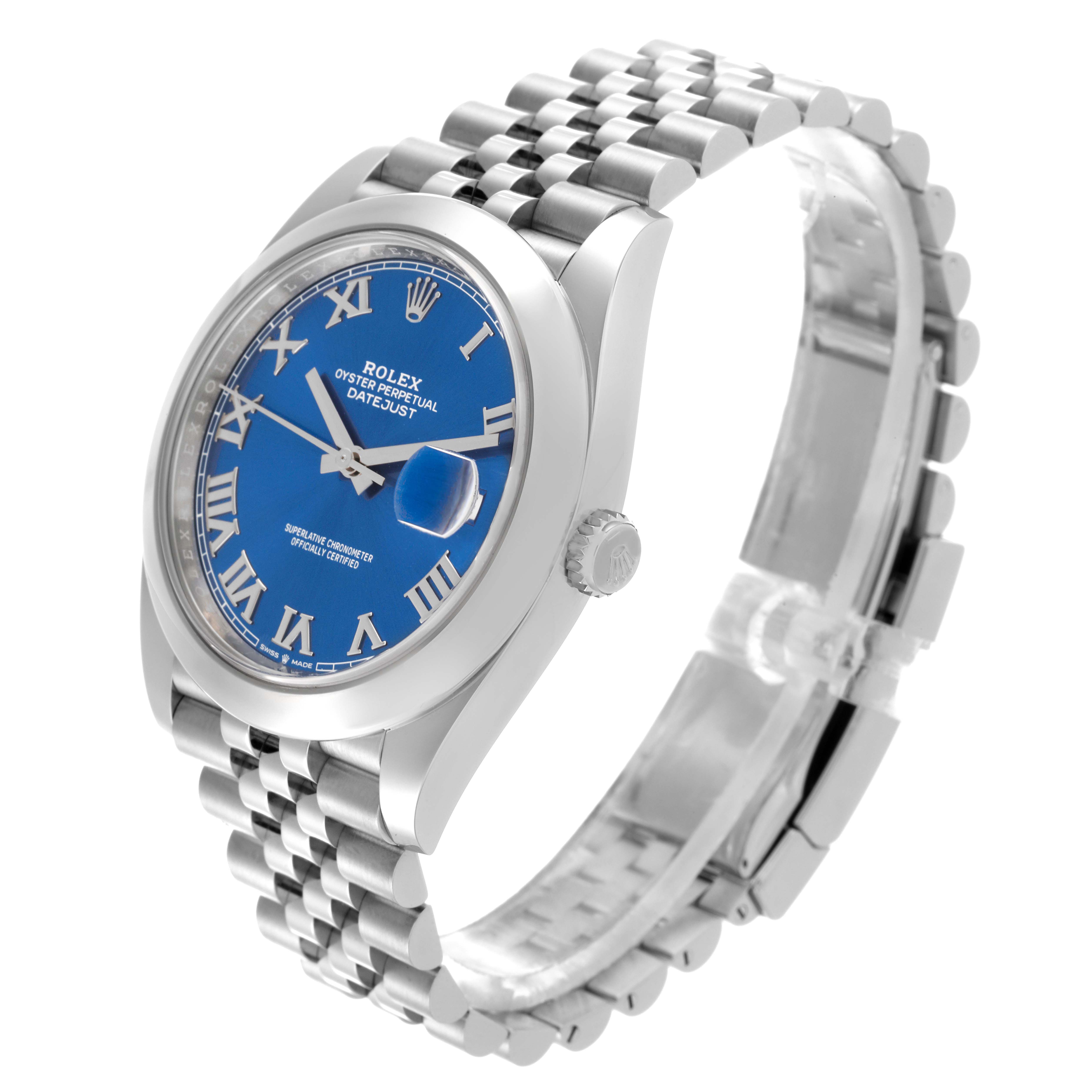 The Rolex Datejust 41 126300 Men
s Stainless Steel Blue Dial 126300 Men
s Stainless Steel Blue Dial is shown at an angle displaying the blue dial, Roman numerals, jubilee bracelet, and side crown.
