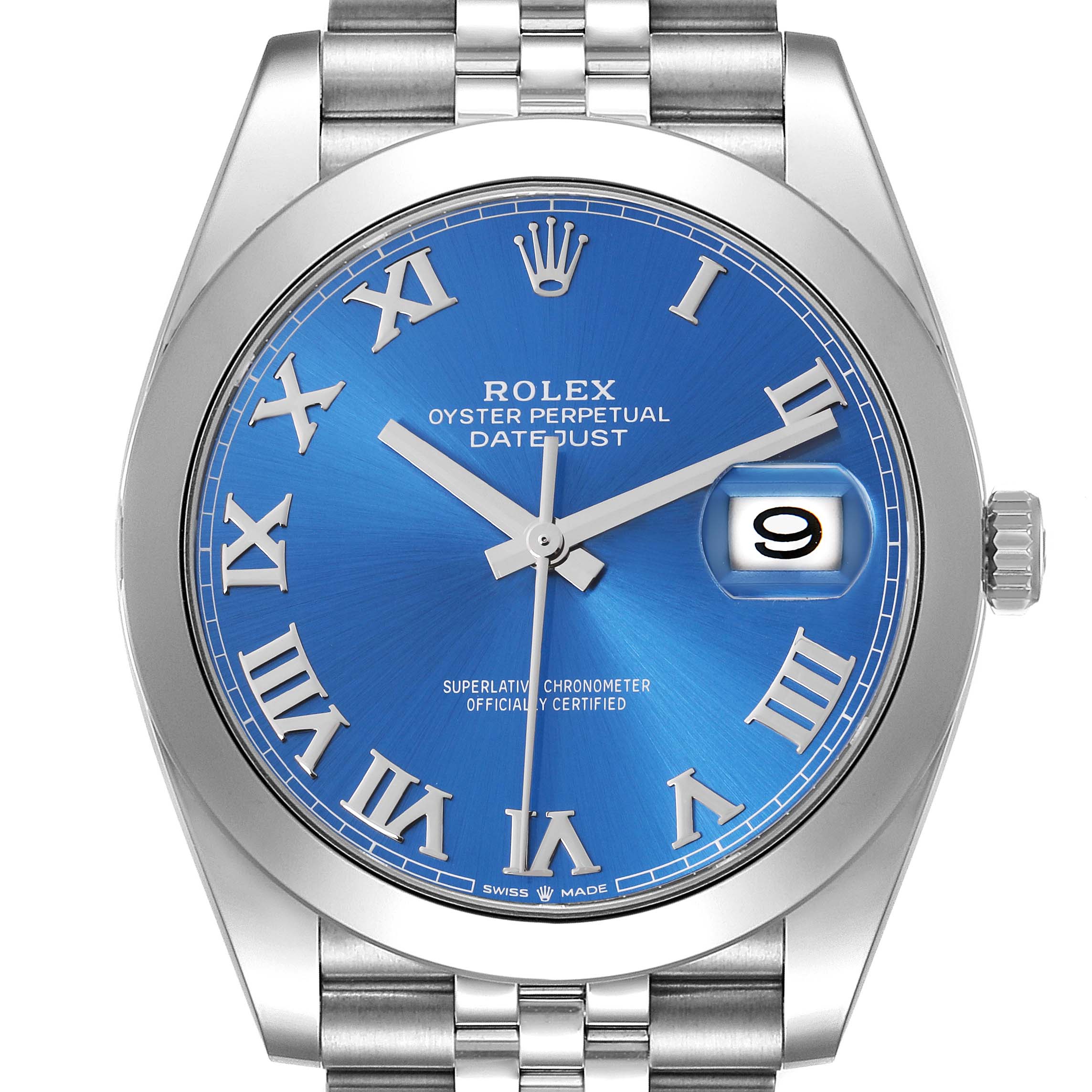 This image shows a frontal view of the Rolex Datejust 41 126300 Men
s Stainless Steel Blue Dial 126300 Men
s Stainless Steel Blue Dial, highlighting its blue dial, Roman numerals, and date window.