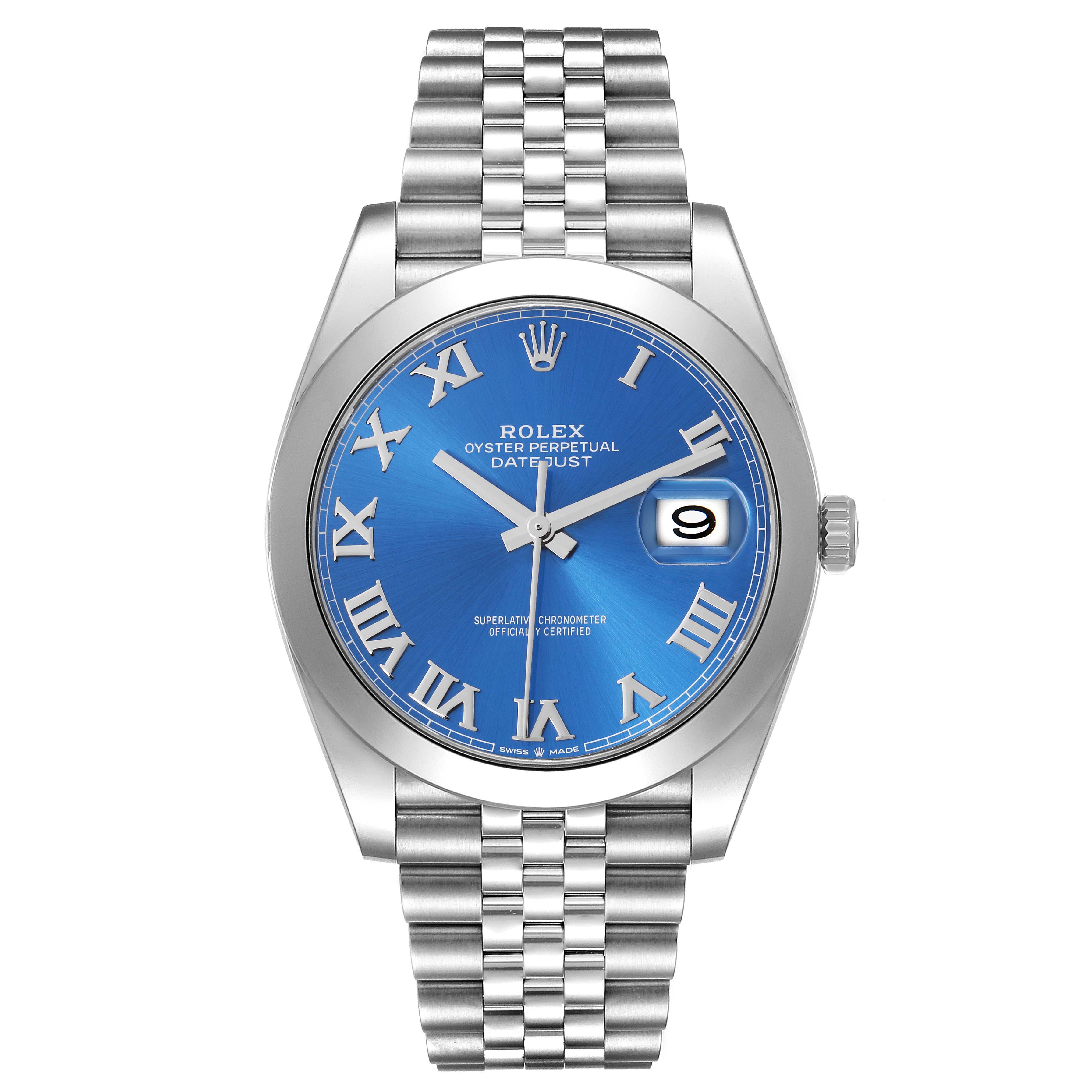 The Rolex Datejust 41 126300 Men
s Stainless Steel Blue Dial 126300 Men
s Stainless Steel Blue Dial watch is shown from the front, highlighting its blue dial, Roman numerals, and Jubilee bracelet.