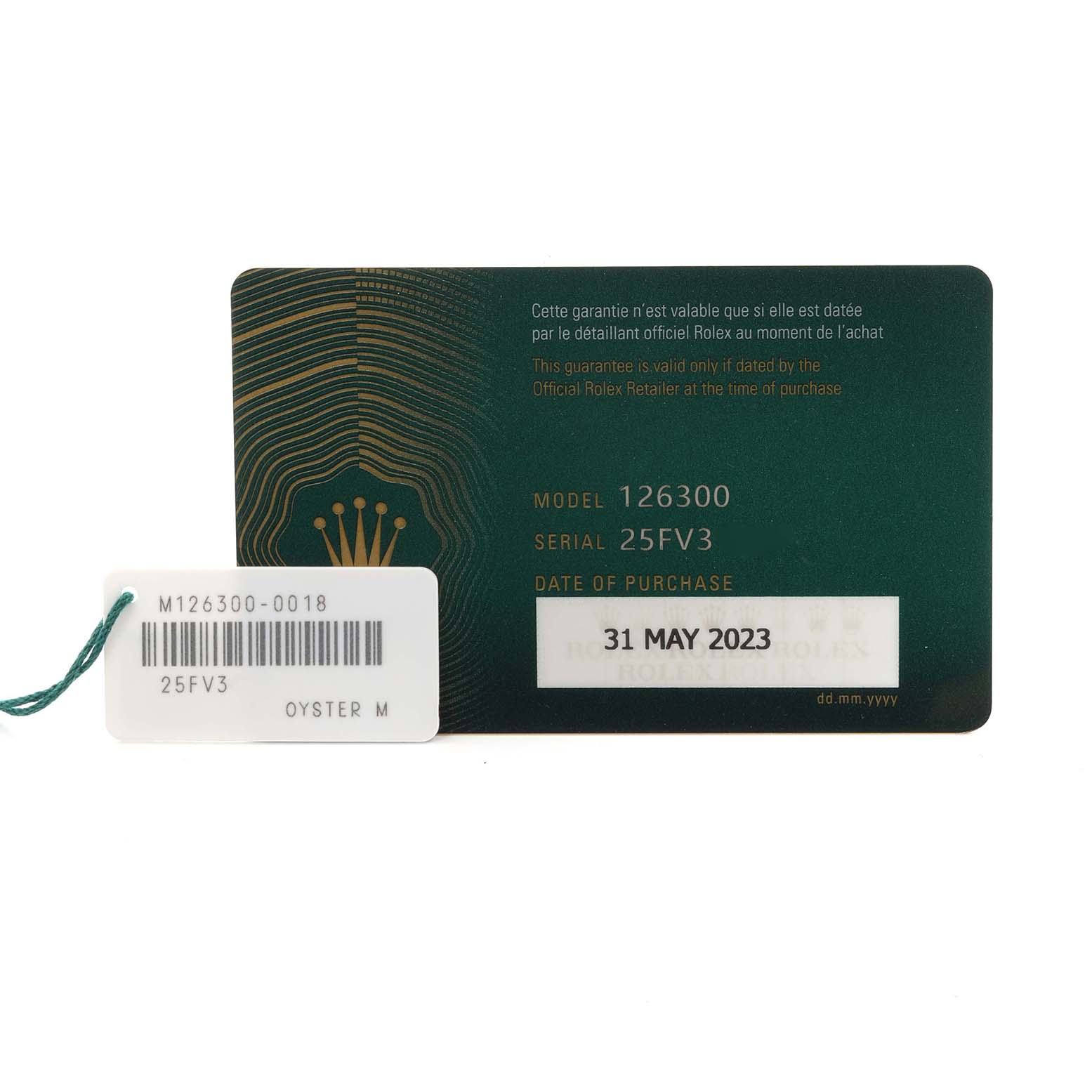 The image shows the warranty card and tag for a Rolex Datejust 41 126300 Men
s Stainless Steel Blue Dial 126300 Men
s Stainless Steel Blue Dial model.