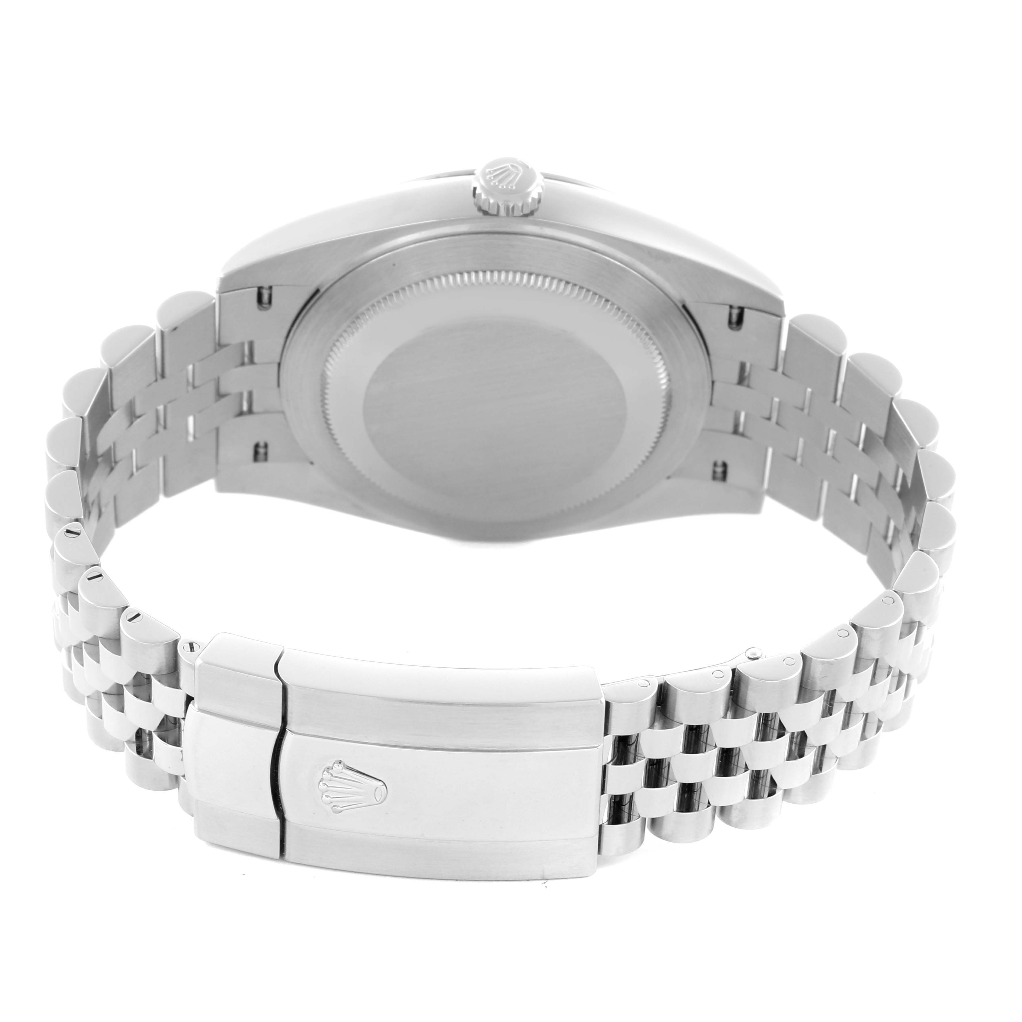 The image shows the back of a Rolex Datejust 41 126300 Men
s Stainless Steel Blue Dial 126300 Men
s Stainless Steel Blue Dial model, focusing on the case back, bracelet, and clasp.