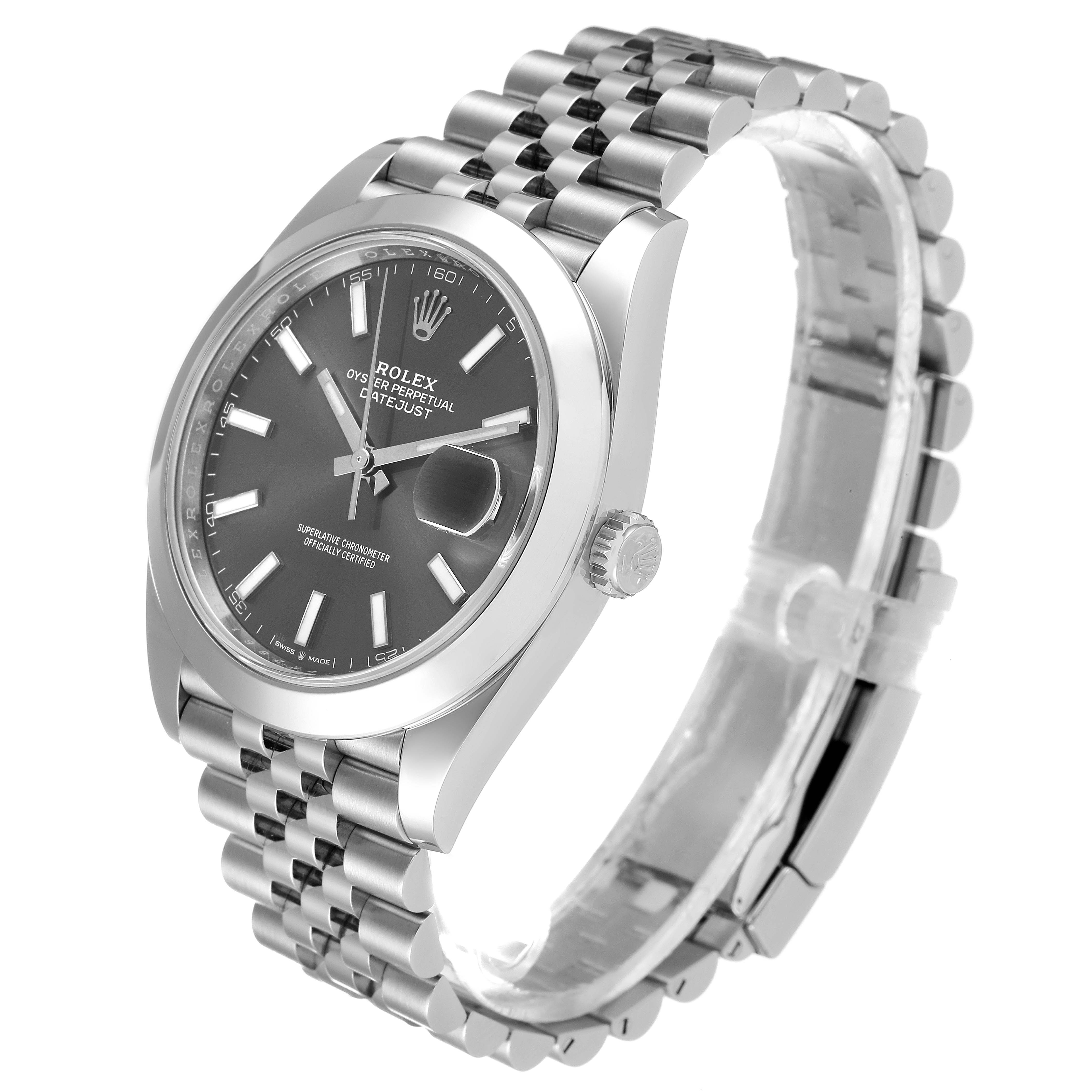 The image shows a side angle of a Rolex Datejust 41 126300 Men
s Stainless Steel Grey Dial 126300 Men
s Stainless Steel Grey Dial, displaying the dial, bezel, crown, and part of the bracelet.