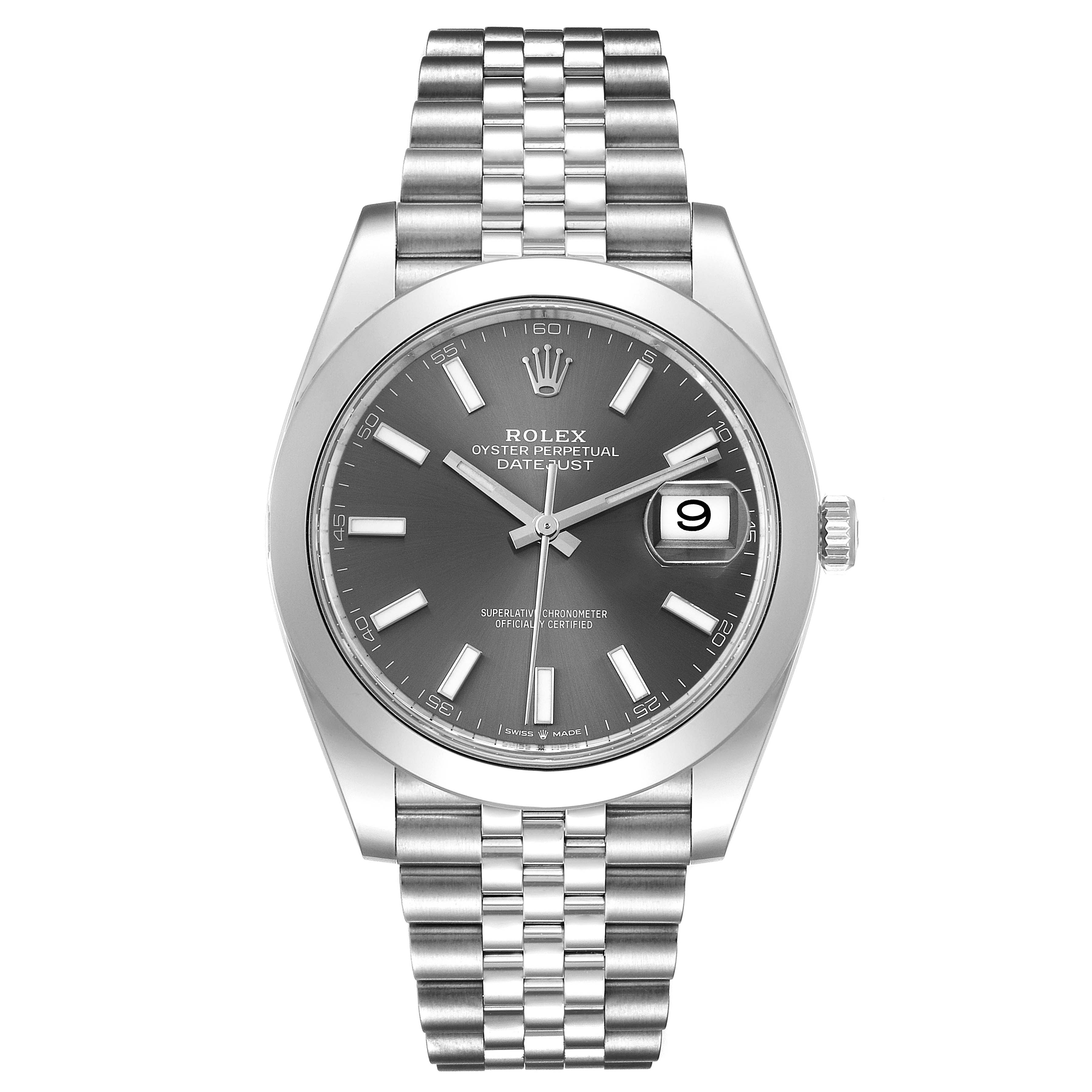 The image shows a front view of the Rolex Datejust 41 126300 Men
s Stainless Steel Grey Dial 126300 Men
s Stainless Steel Grey Dial watch, featuring the dial, case, and bracelet.