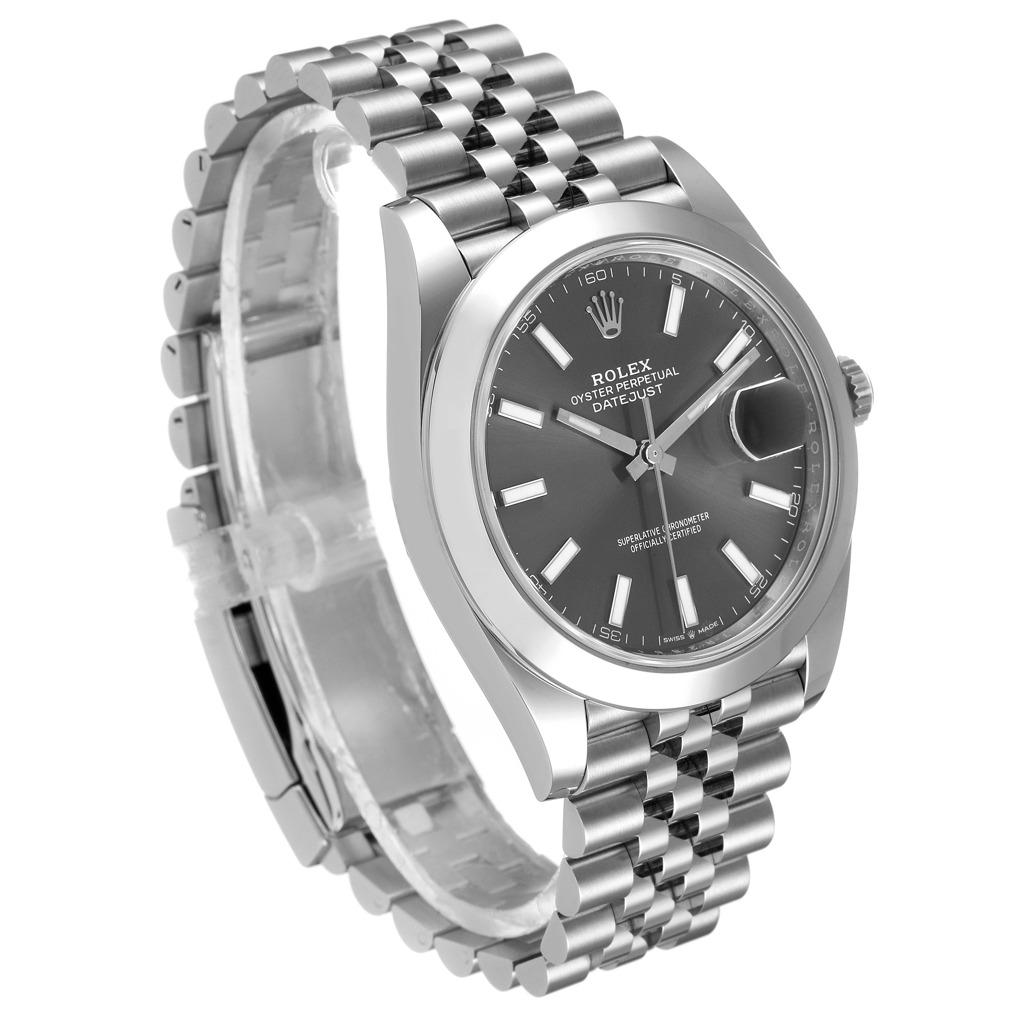 This image shows a Rolex Datejust 41 126300 Men
s Stainless Steel Grey Dial 126300 Men
s Stainless Steel Grey Dial watch from an angled front view, highlighting the dial and bracelet.