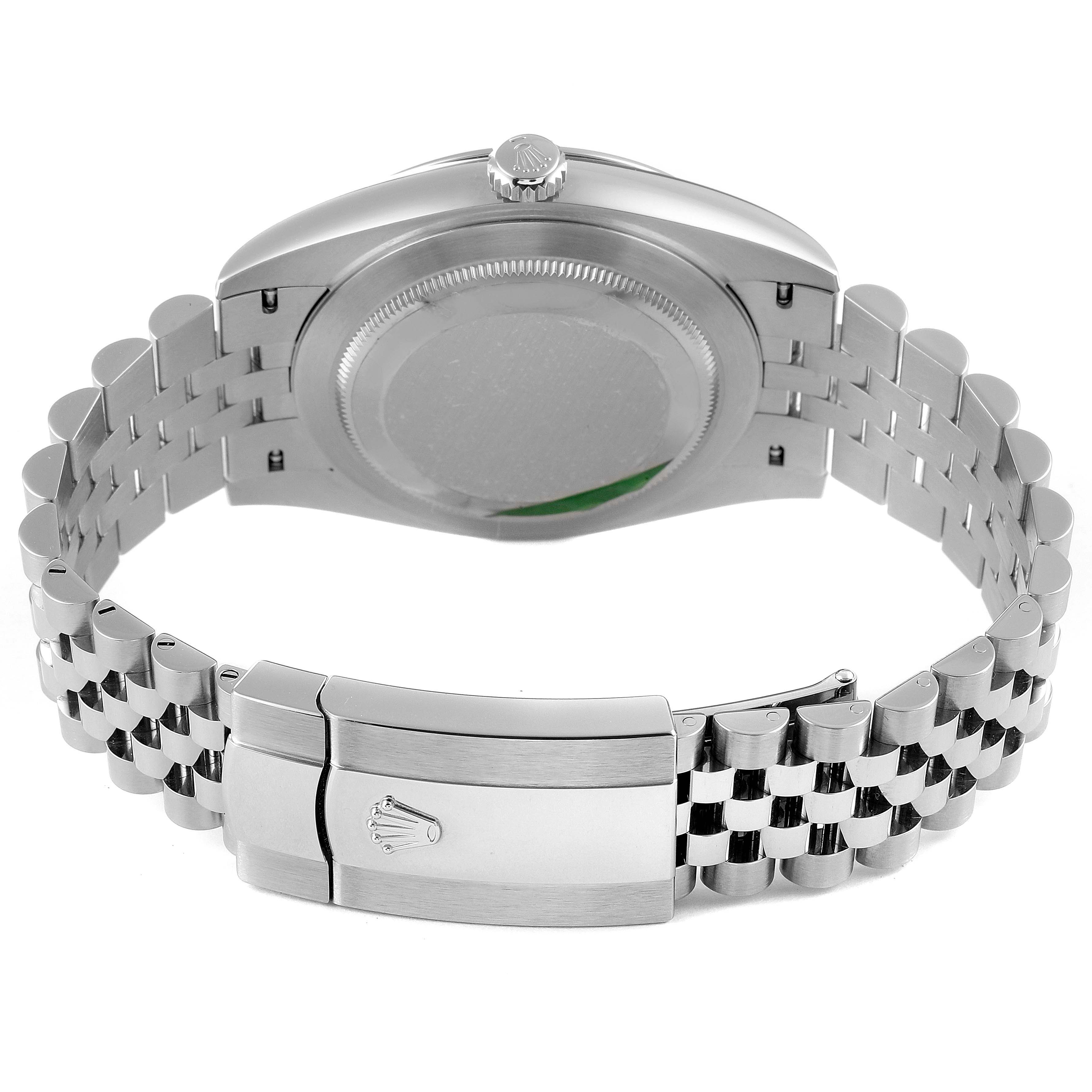 This image shows the back case and clasp of a Rolex Datejust 41 126300 Men
s Stainless Steel Grey Dial 126300 Men
s Stainless Steel Grey Dial watch, including the Jubilee bracelet.