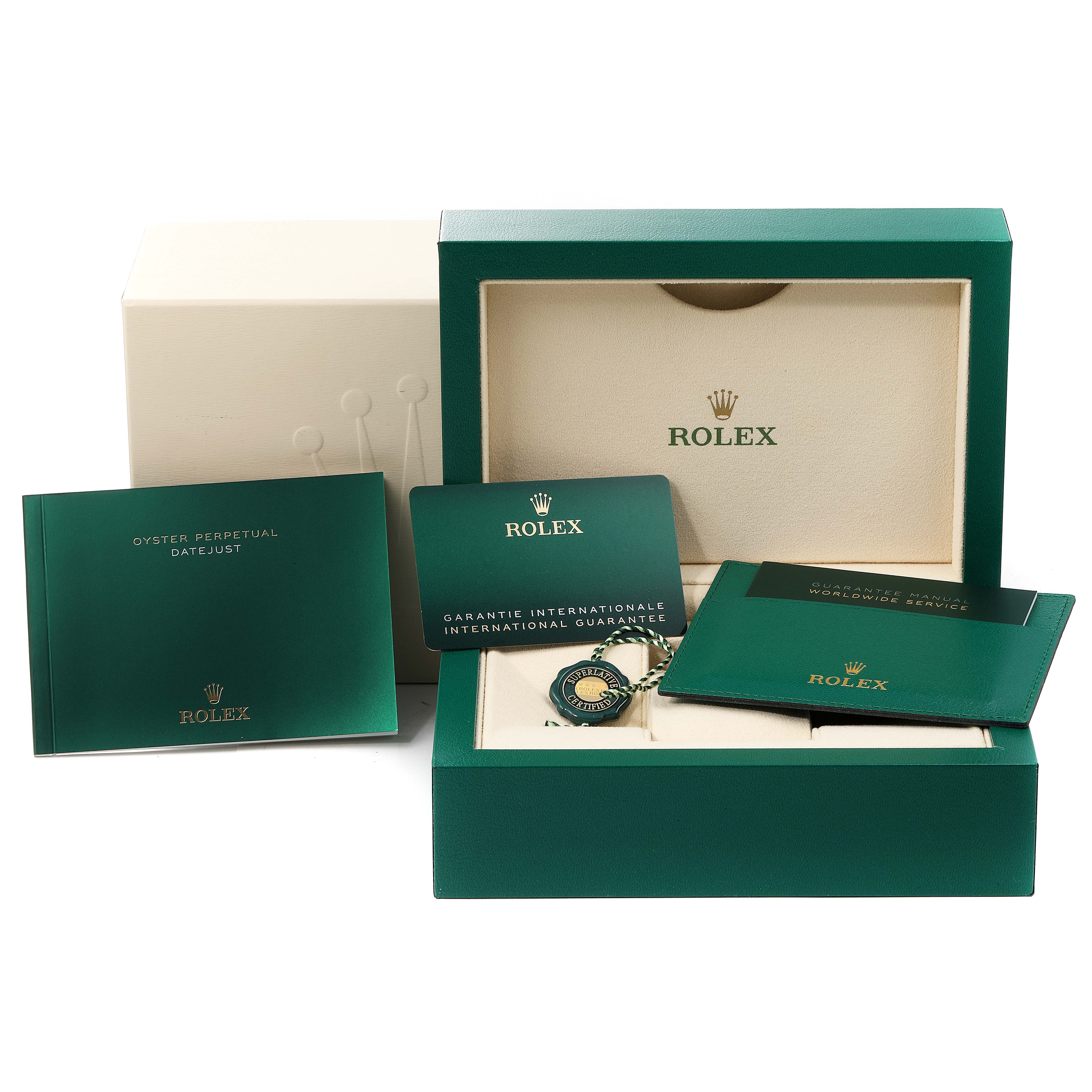 The image shows the packaging and accessories for a Rolex Datejust 41 126300 Men
s Stainless Steel Grey Dial 126300 Men
s Stainless Steel Grey Dial, including the box, manuals, warranty card, and a hang tag.