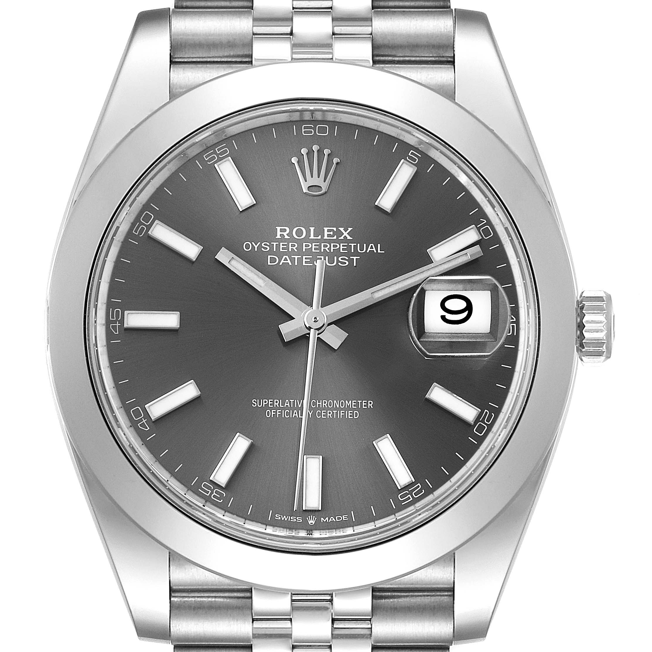 This image shows a front view of the Rolex Datejust 41 126300 Men
s Stainless Steel Grey Dial 126300 Men
s Stainless Steel Grey Dial watch, highlighting the dial, bezel, and bracelet.