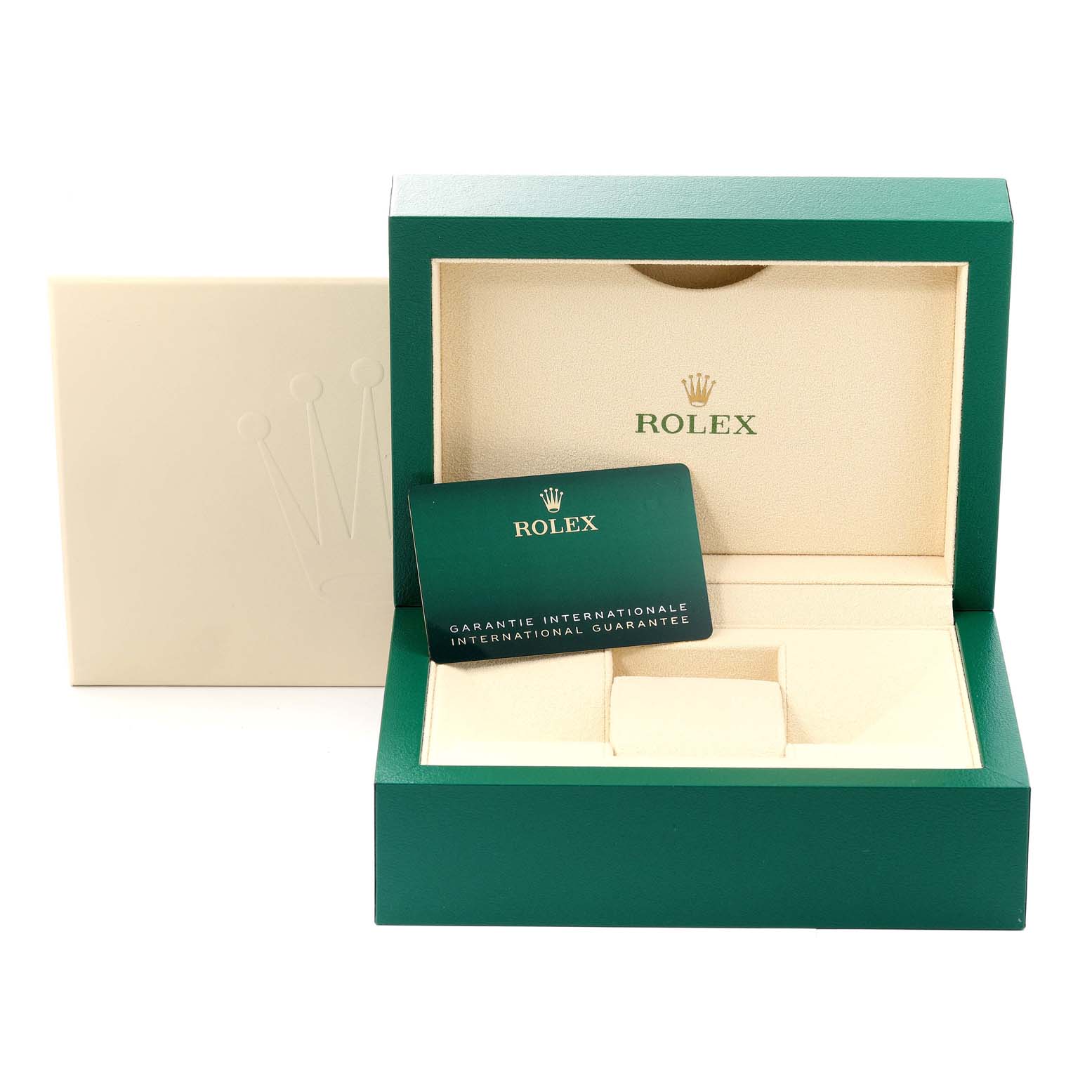 The image shows an open green Rolex box for the Datejust 41 model, containing an international guarantee card.