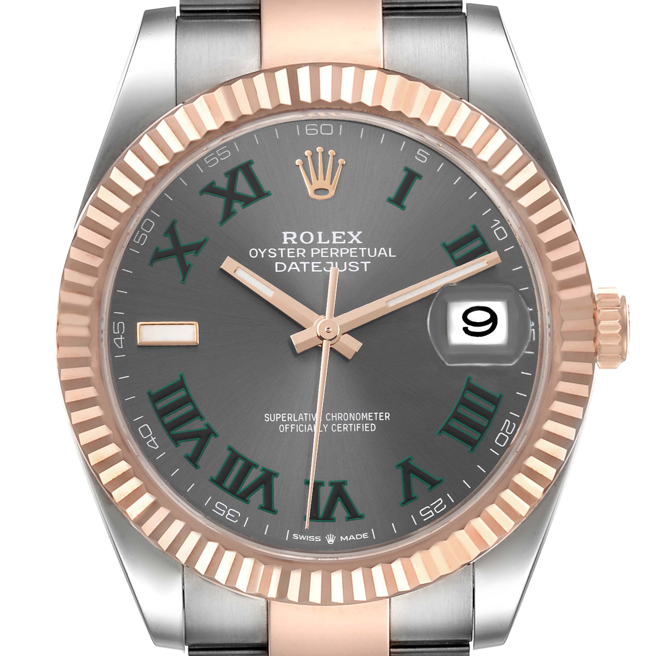 The image shows a frontal view of the Rolex Datejust 41 126331 Men's Steel and Gold (two tone) Grey Dial 126331 Men's Steel and Gold (two tone) Grey Dial watch, highlighting its dial, hands, bezel, and crown.