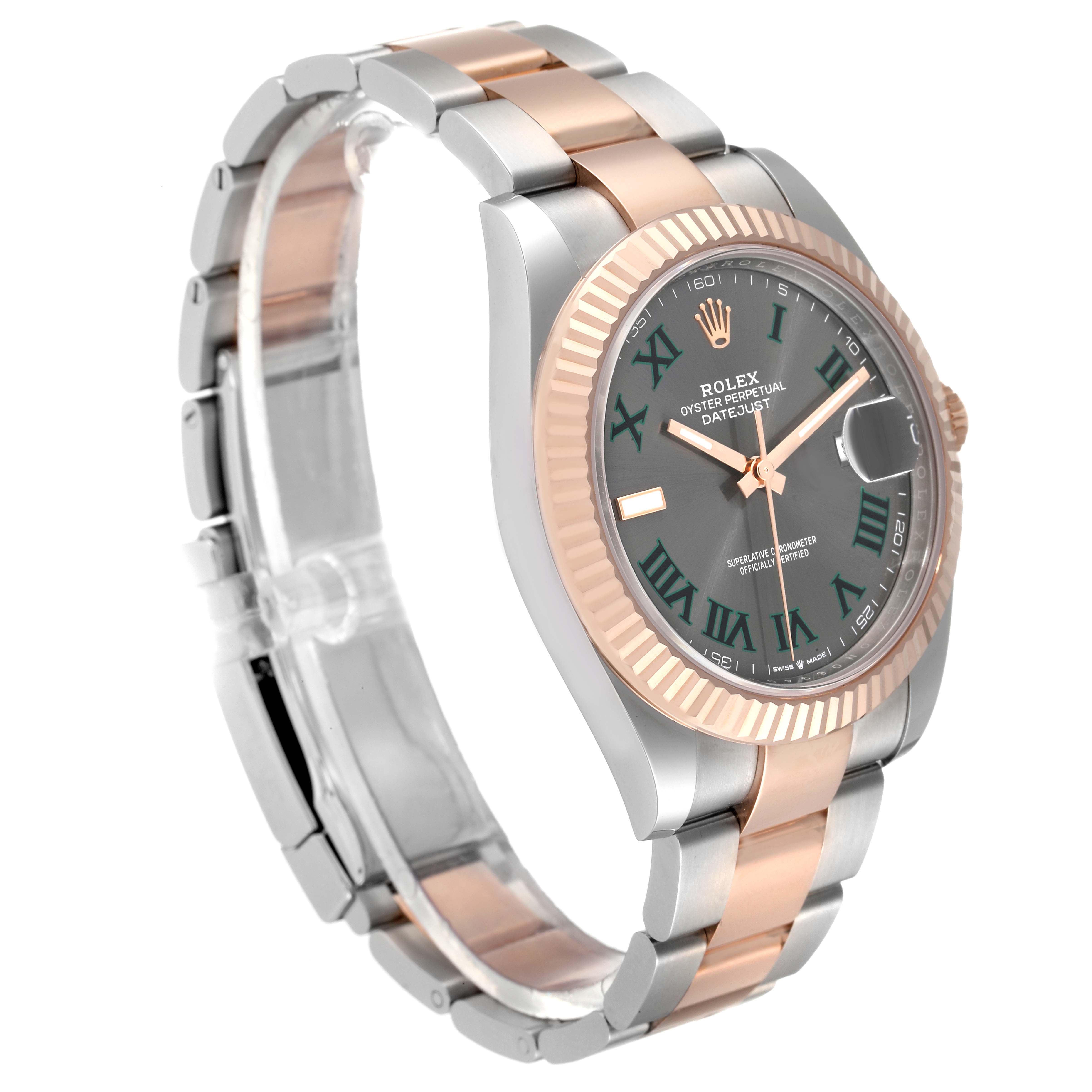 The image shows a Rolex Datejust 41 126331 Men's Steel and Gold (two tone) Grey Dial 126331 Men's Steel and Gold (two tone) Grey Dial watch at a three-quarter angle, featuring its face, bezel, and bracelet.